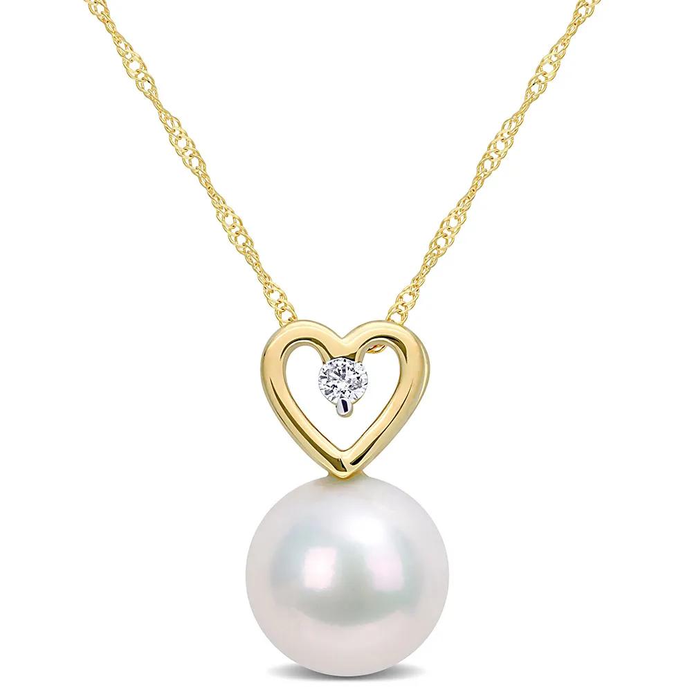 Single Pearl Necklace with Heart & Diamond Accent 10K Yellow Gold Size 17"