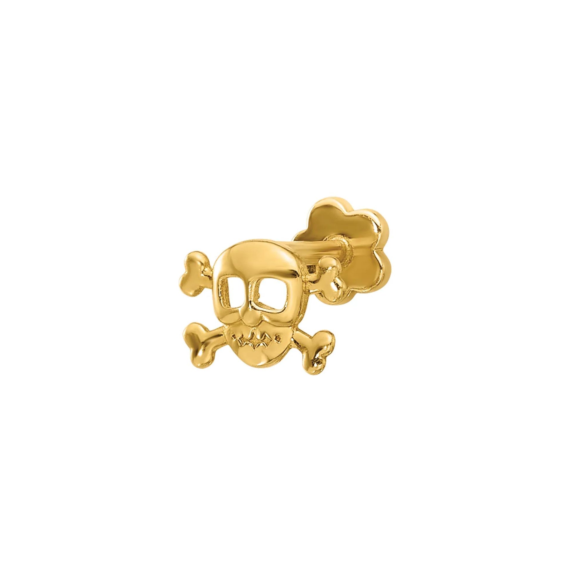 Skull and Crossbones Cartilage Stud 14K Yellow Gold 18 Gauge Size 6.70mm