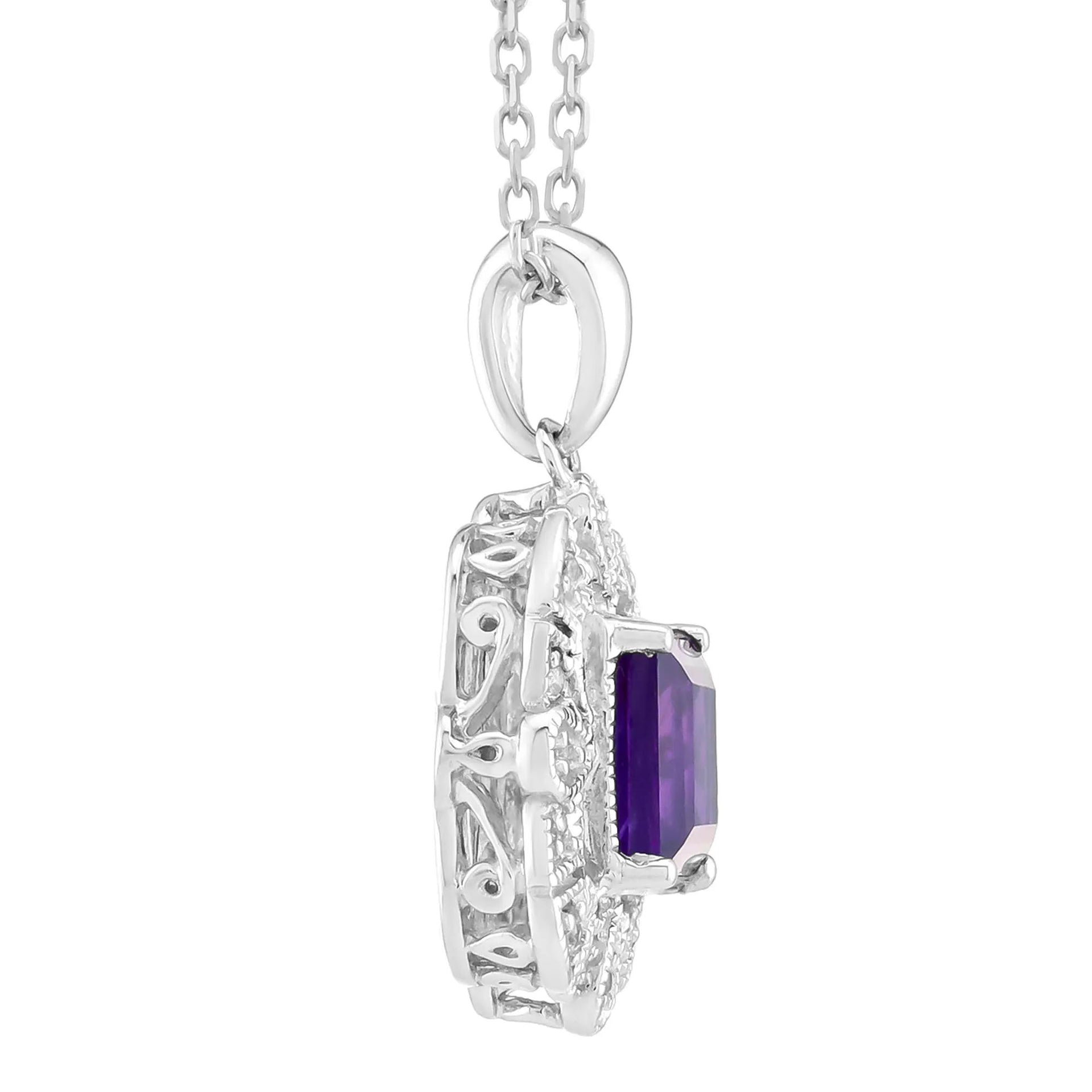 Square Amethyst Halo Pendant Necklace with Lab-Created White Sapphires .925 Sterling Silver Size 18"