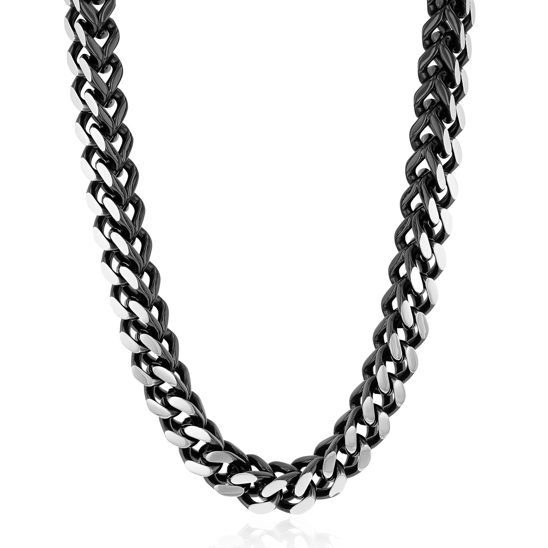Square Franco Link Chain Stainless Steel Necklace Black Size 24"