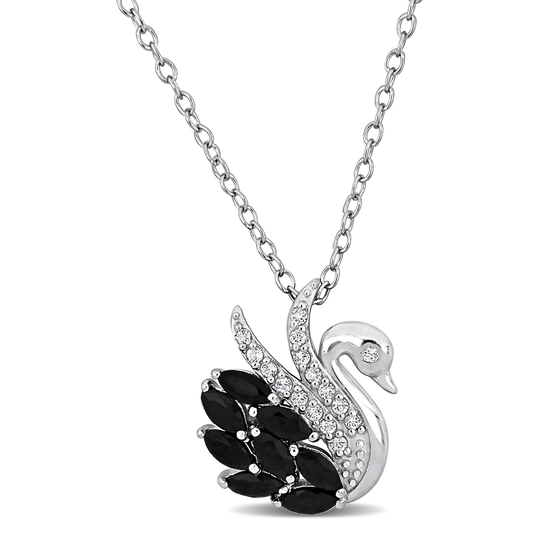 Swan Pendant Necklace with Black Spinel and White Topaz .925 Sterling Silver Size 18"