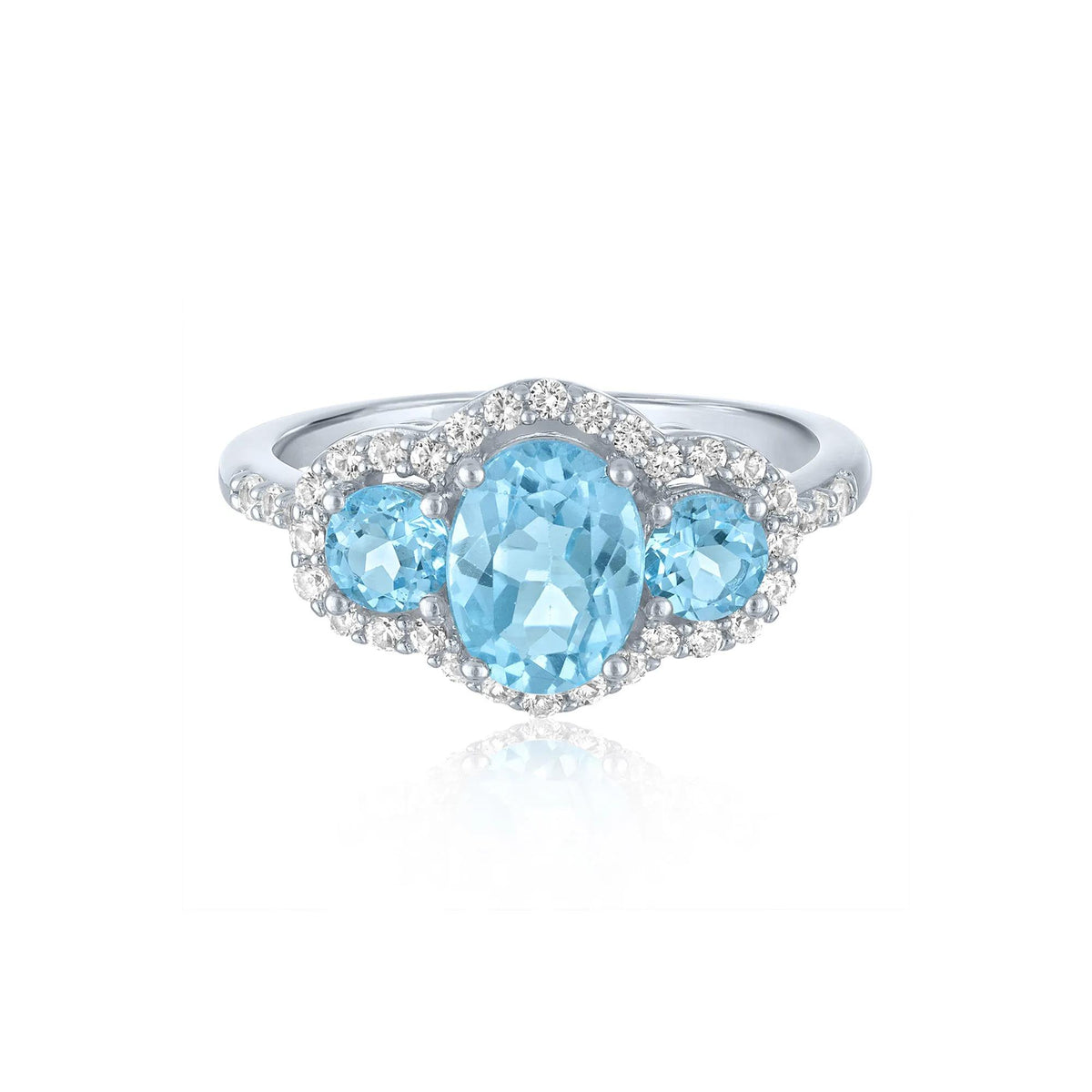 Swiss Blue Topaz & Lab-Created White Sapphire Three-Stone Ring .925 Sterling Silver Size 7 1mm