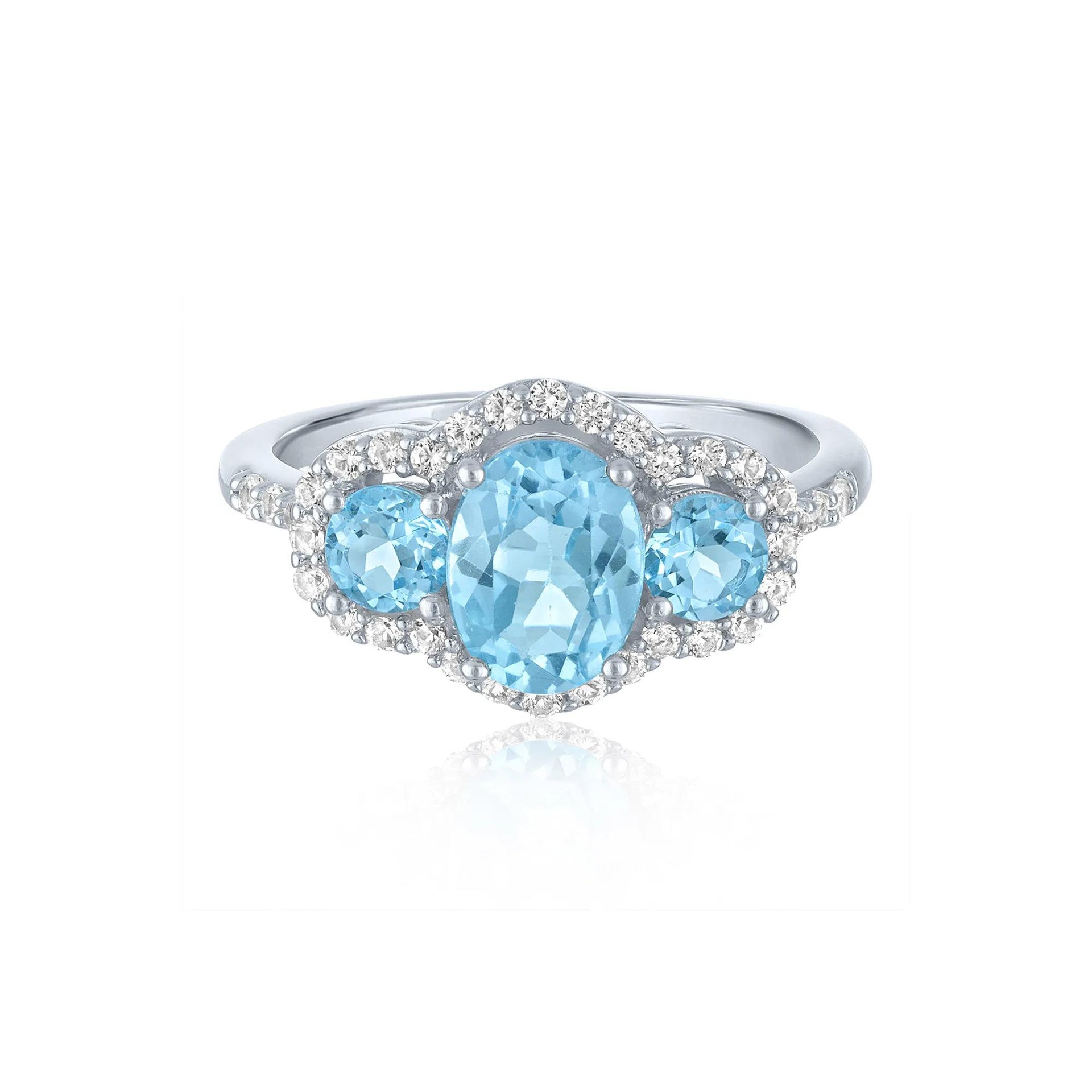 Swiss Blue Topaz & Lab-Created White Sapphire Three-Stone Ring .925 Sterling Silver Size 9 1mm