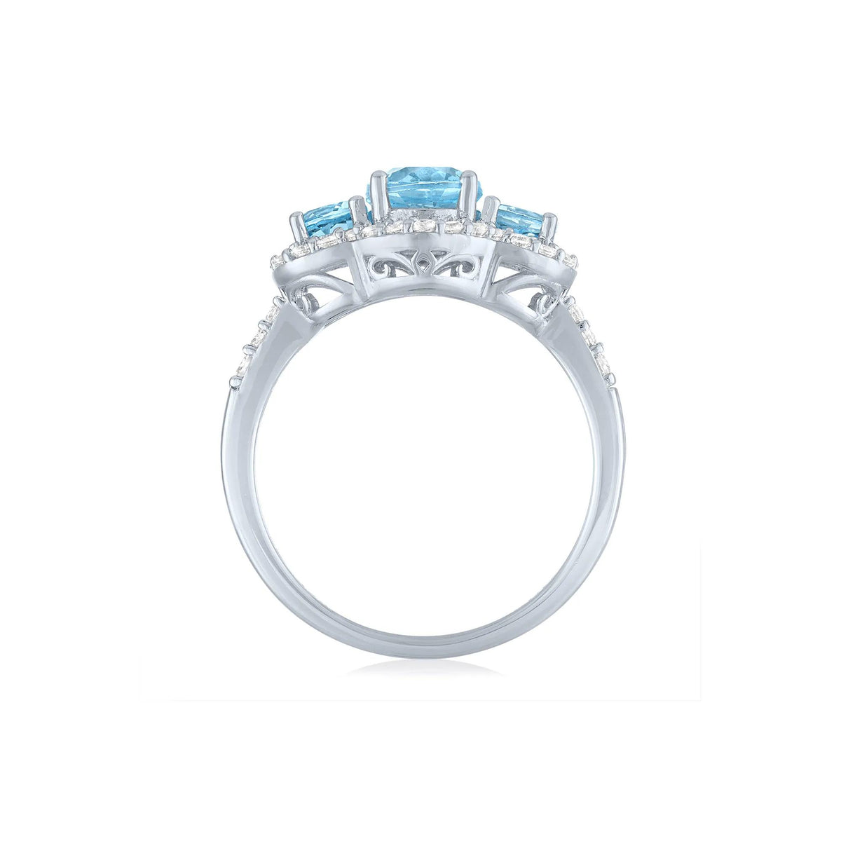 Swiss Blue Topaz & Lab-Created White Sapphire Three-Stone Ring .925 Sterling Silver Size 7 1mm