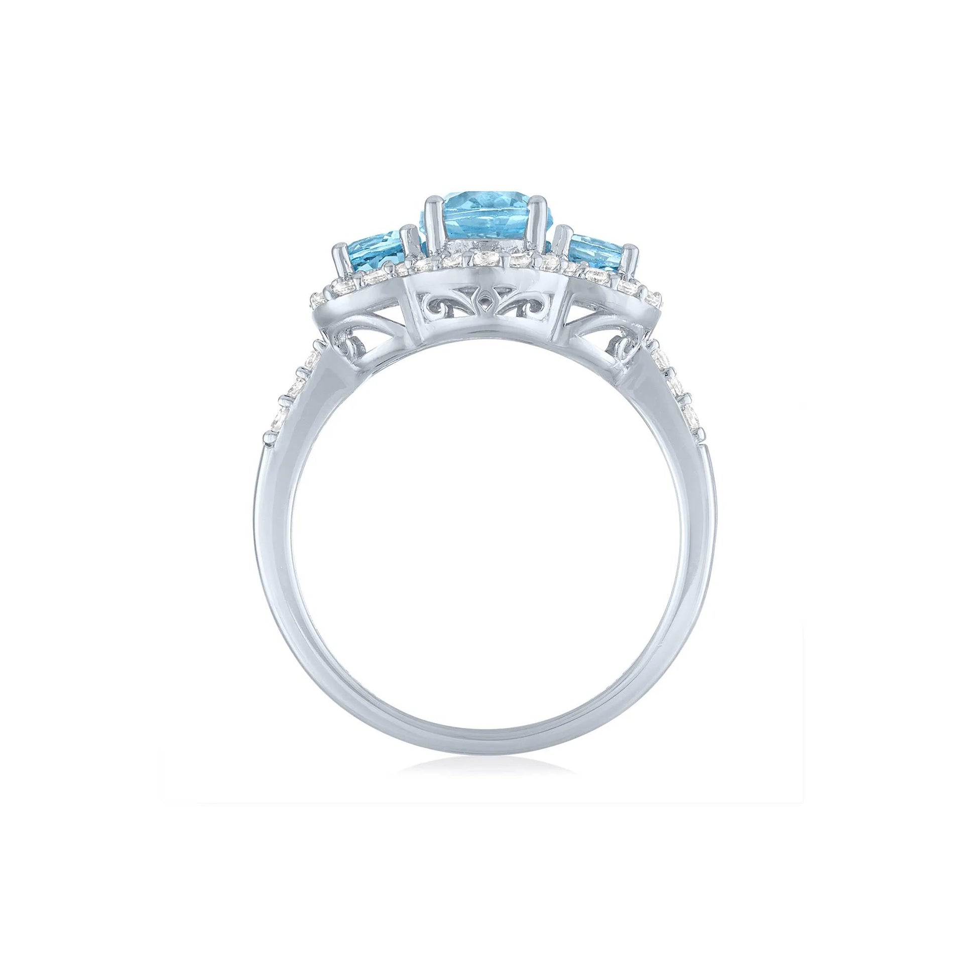 Swiss Blue Topaz & Lab-Created White Sapphire Three-Stone Ring .925 Sterling Silver Size 9 1mm