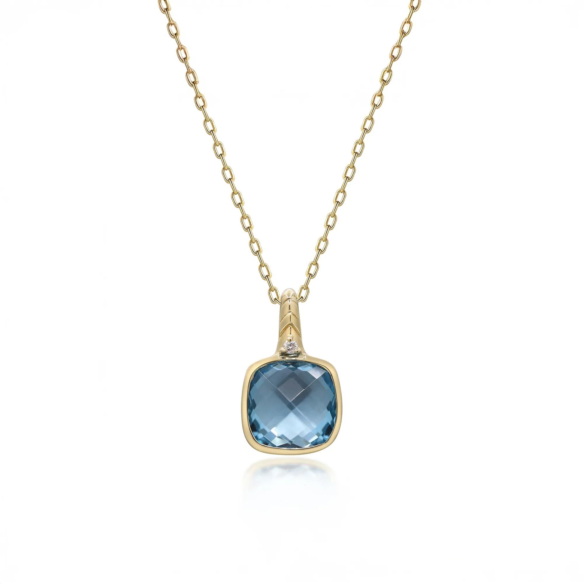 Swiss Blue Topaz Cushion & Diamond Accent Pendant Necklace 10K Yellow Gold Size 18"