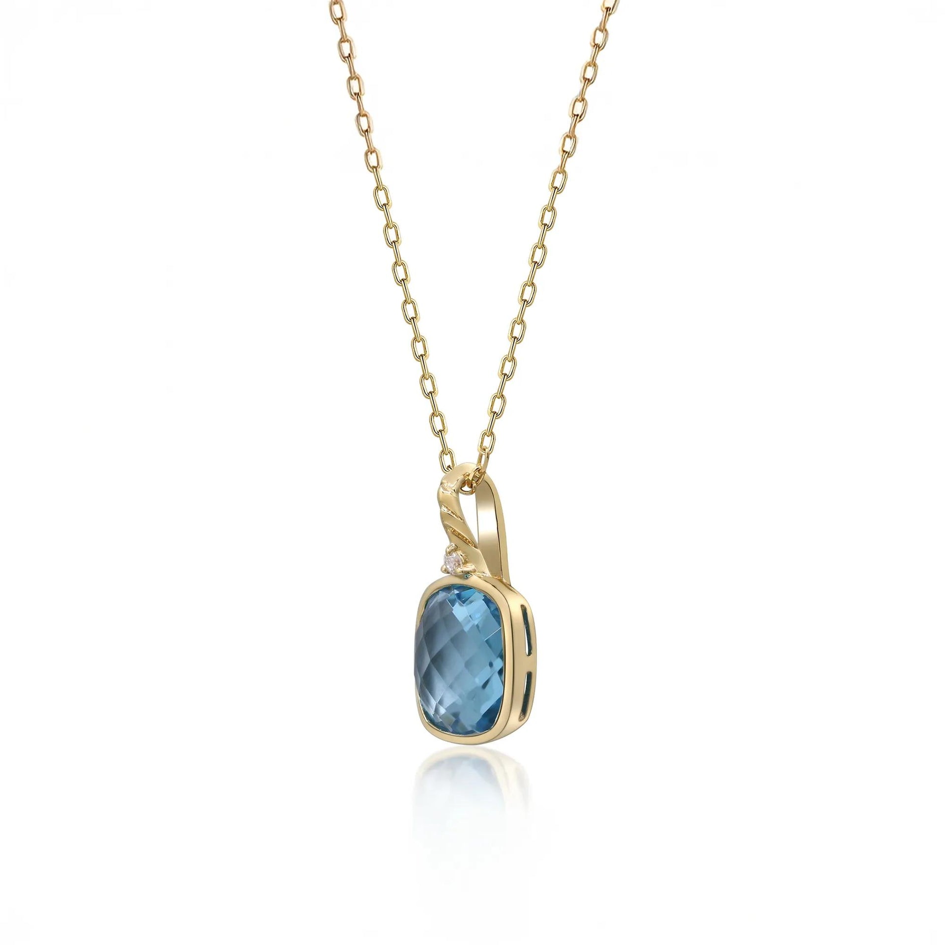 Swiss Blue Topaz Cushion & Diamond Accent Pendant Necklace 10K Yellow Gold Size 18"
