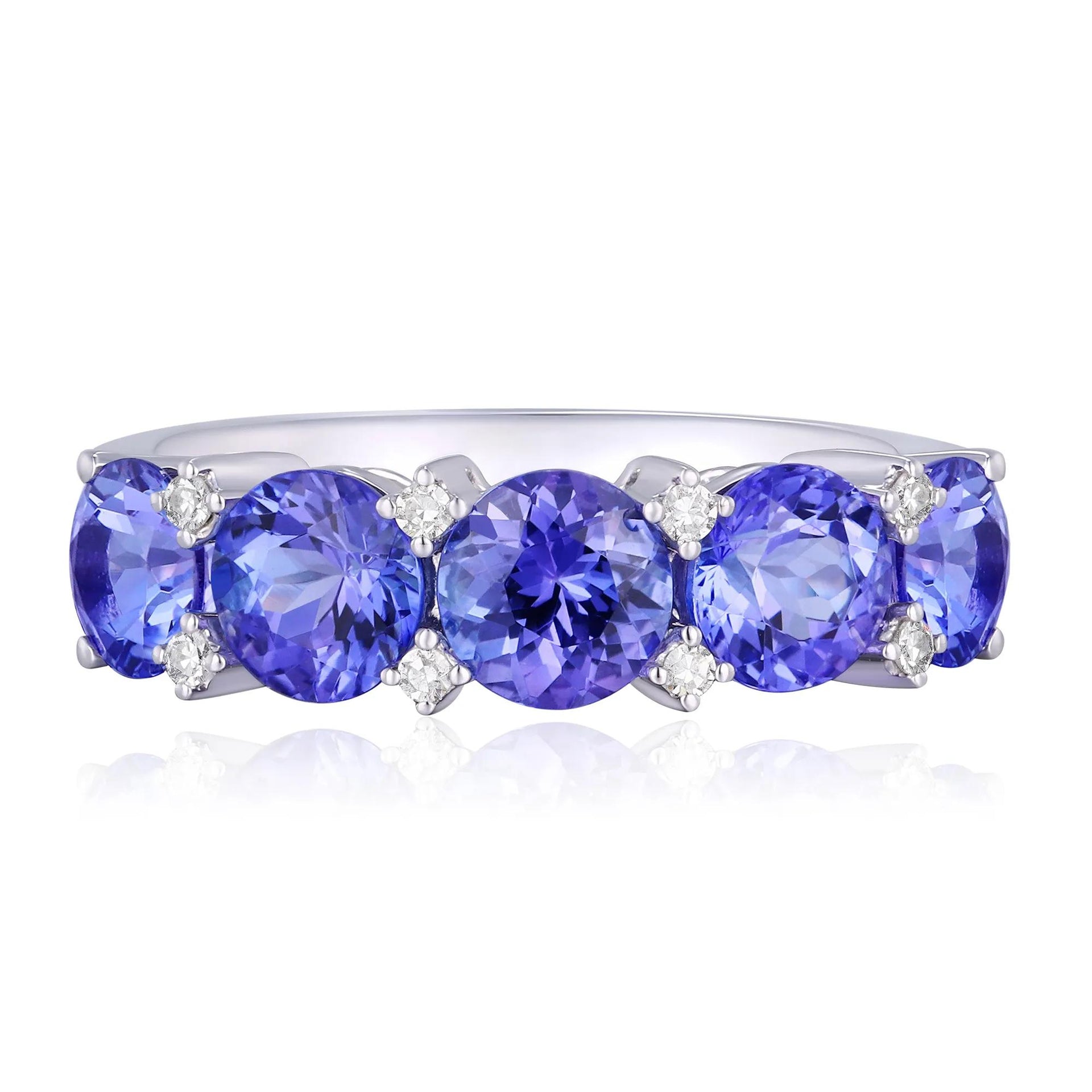 Tanzanite & Diamond Accent Ring 10K White Gold Round Brilliant Cut Size 7.5