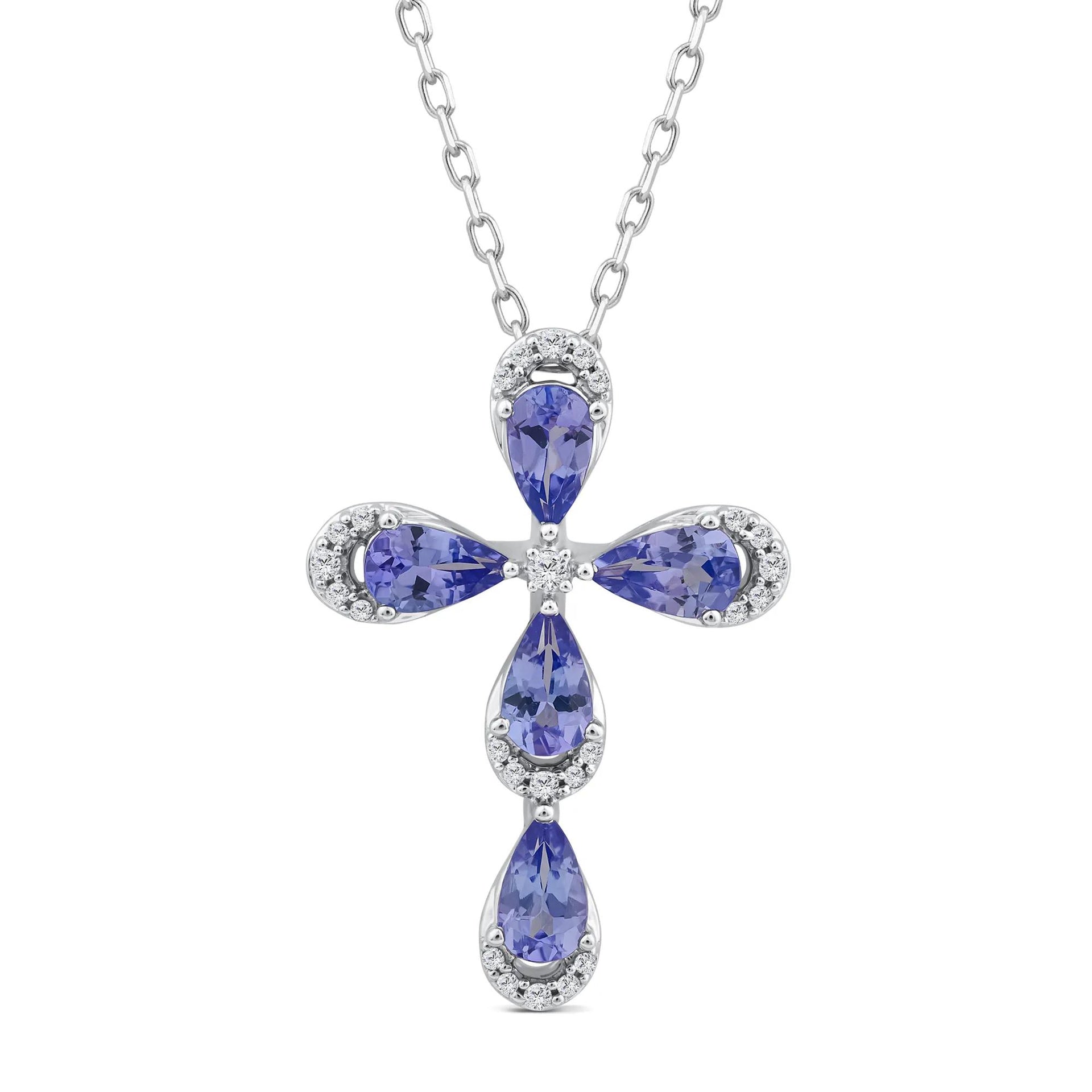 1/10 CT. Tw. Tanzanite and Diamond Cross Pendant Necklace 10K White Gold Size 18"