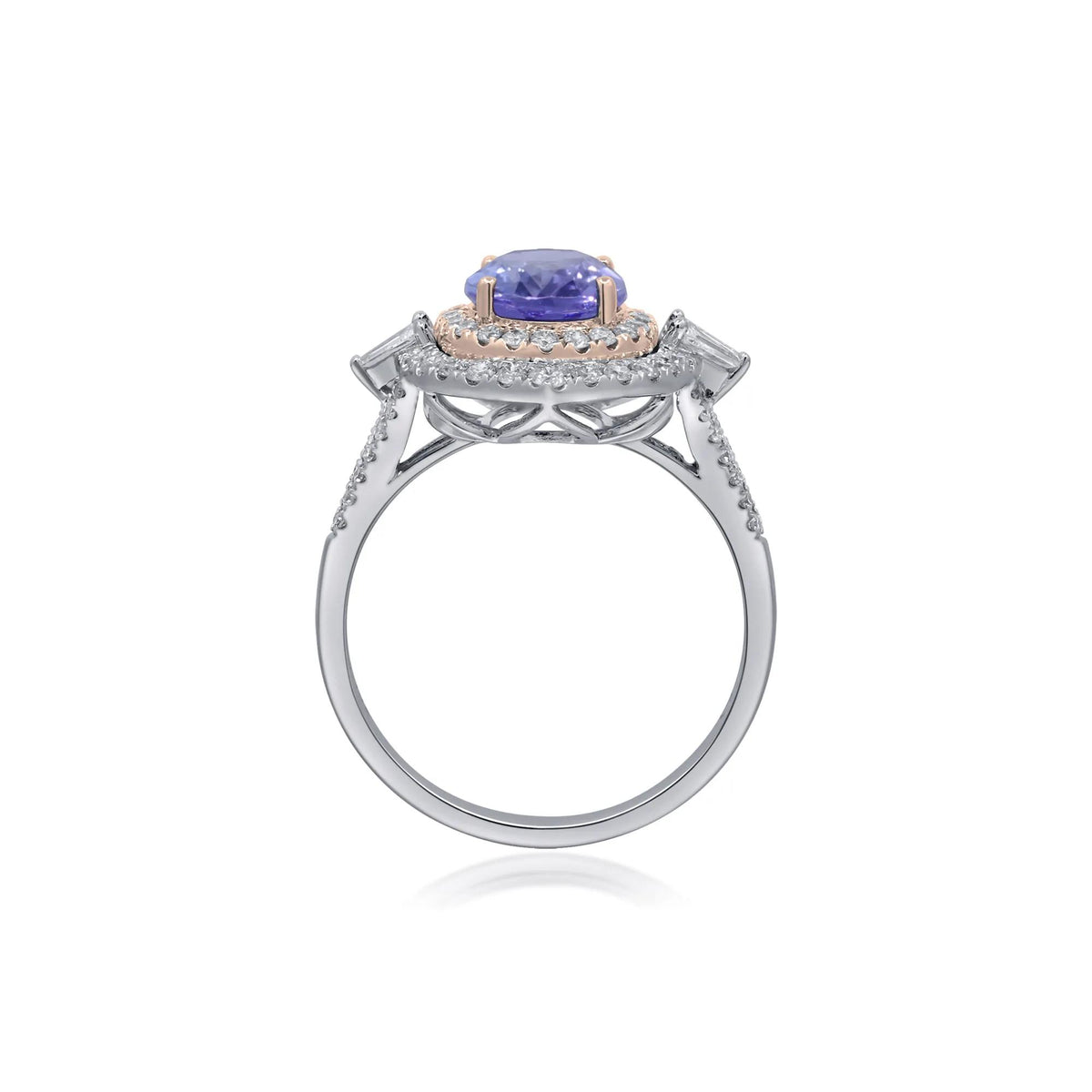 1/2 CT. Tw. Tanzanite and Diamond Halo Ring 14K White and Yellow Gold Round Brilliant Cut Size 9.5 2mm