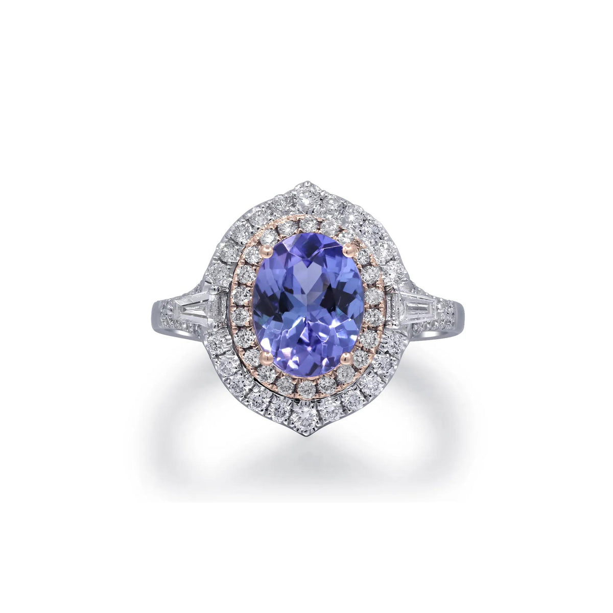 1/2 CT. Tw. Tanzanite and Diamond Halo Ring 14K White and Yellow Gold Round Brilliant Cut Size 9.5 2mm