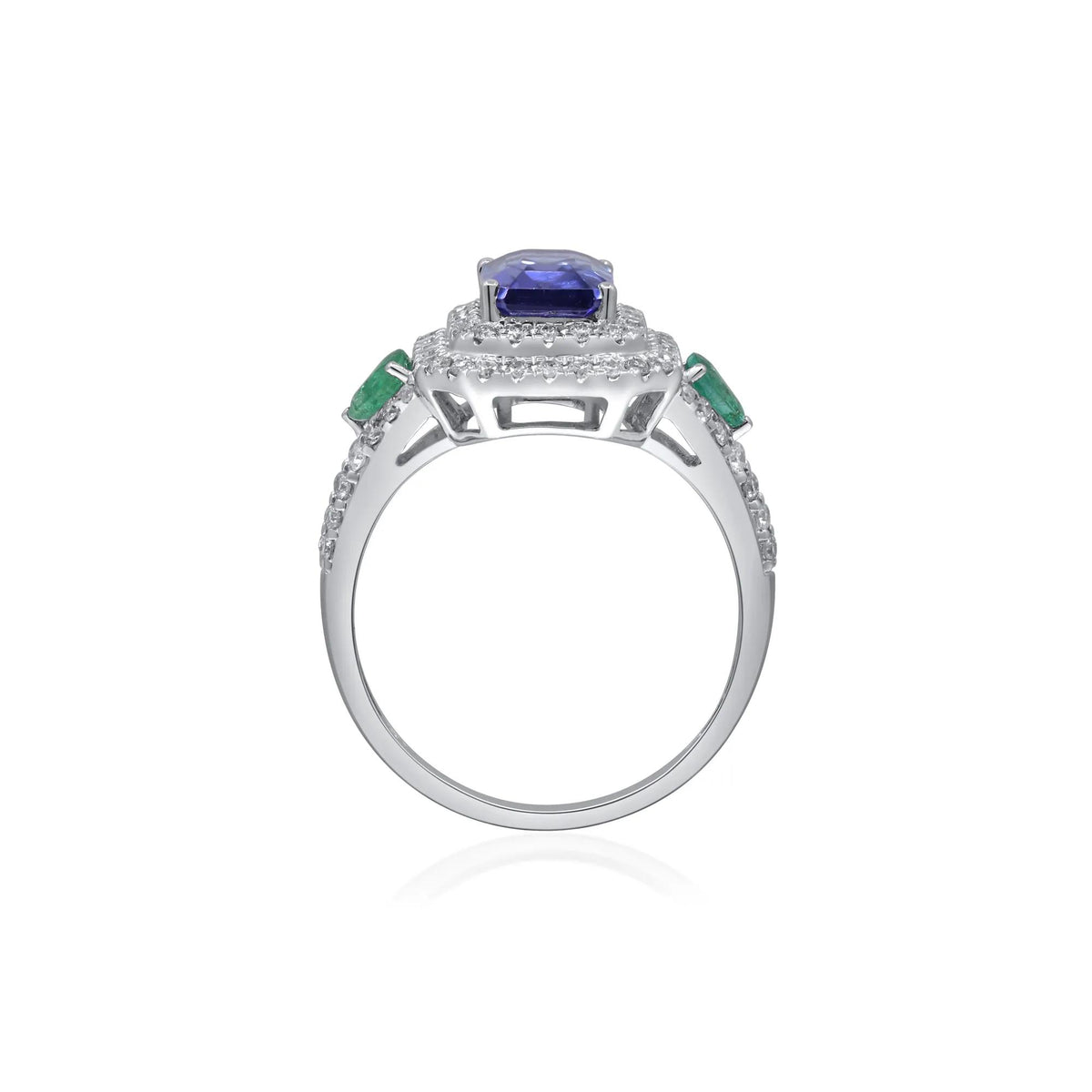 1/2 CT. Tw. Tanzanite & Emerald Double Halo Ring 14K White Gold Round Brilliant Cut Size 7 2mm