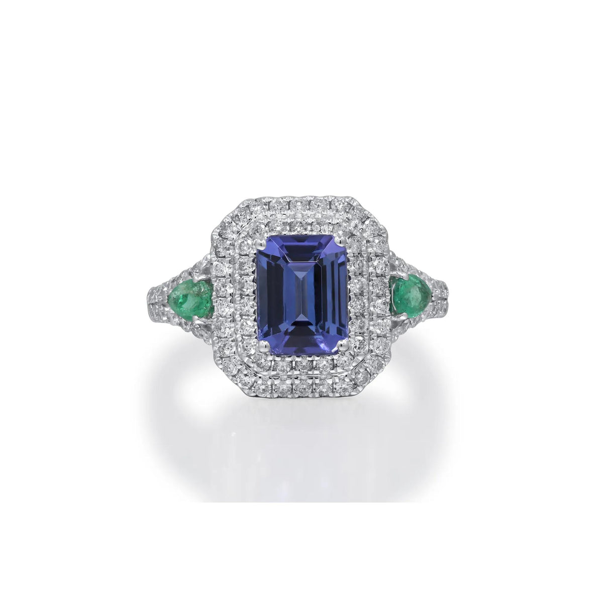 1/2 CT. Tw. Tanzanite & Emerald Double Halo Ring 14K White Gold Round Brilliant Cut Size 7 2mm