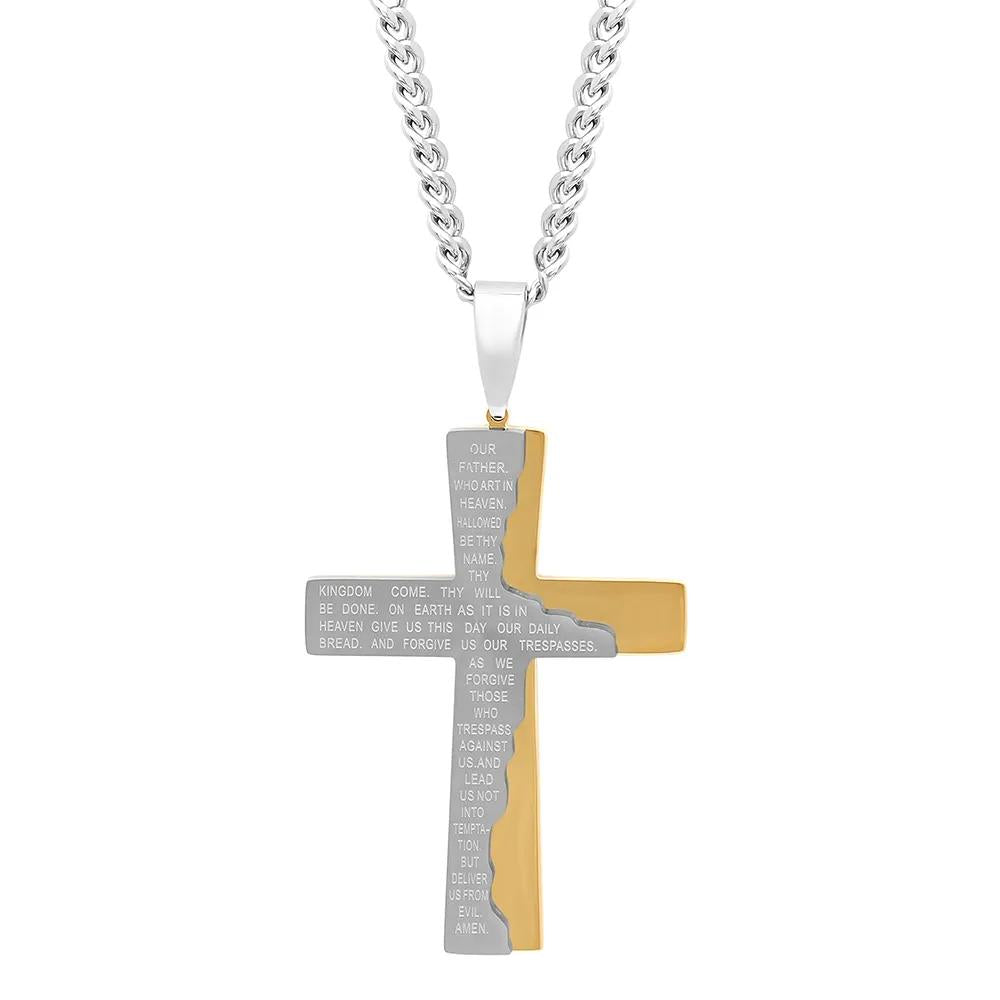 The Lord's Prayer Cross Pendant Necklace Yellow and White Stainless Steel Size 24"