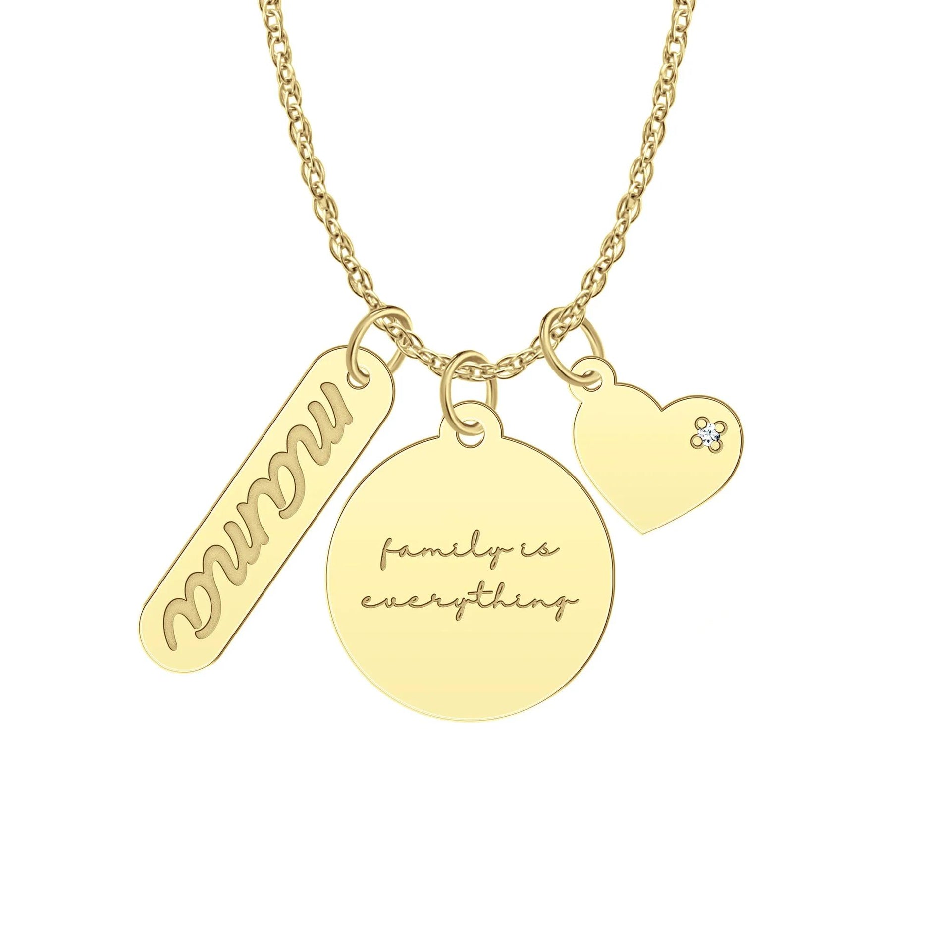 Three-Piece Family Charm Mama Necklace with Diamond Accent 10K Yellow Gold Size 18"