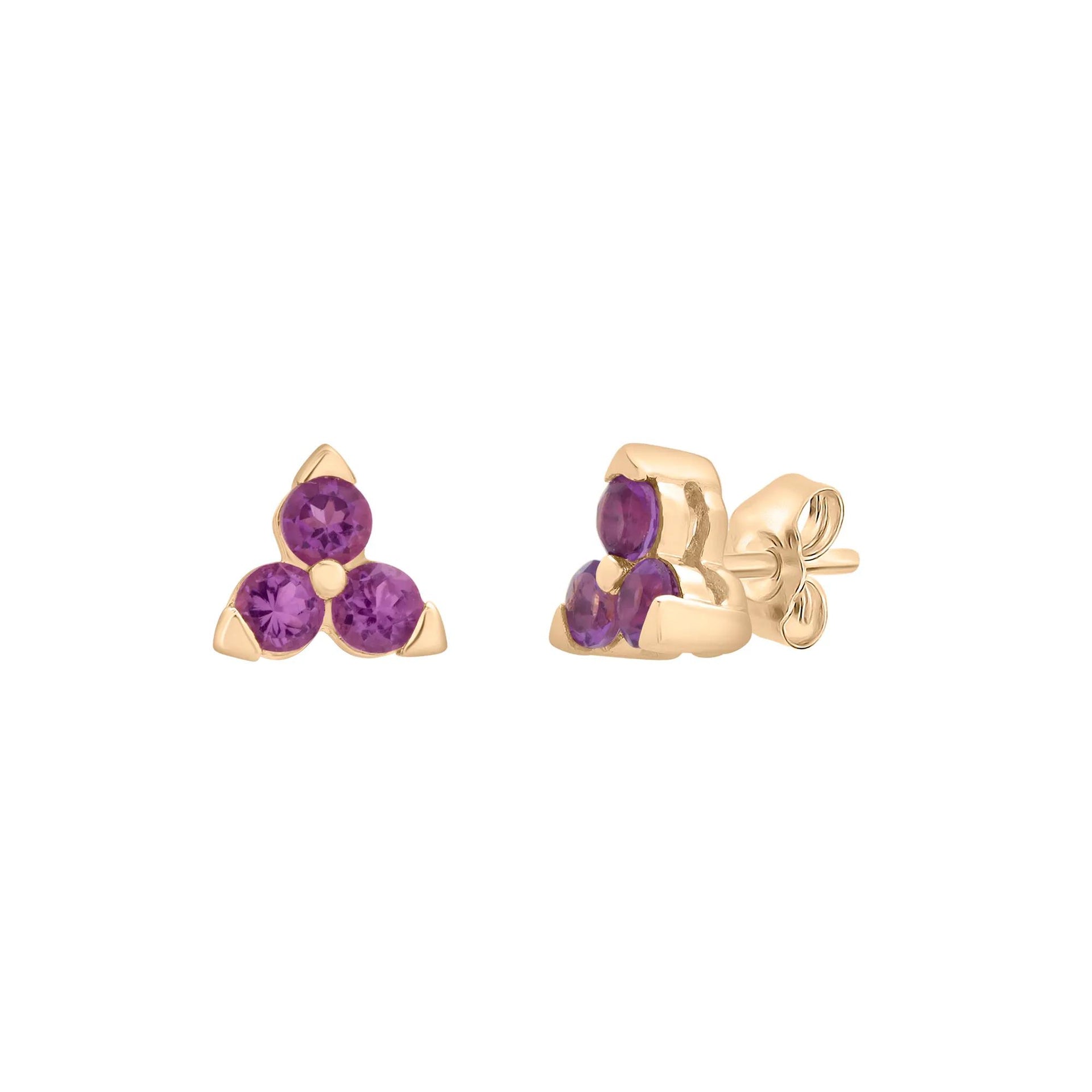 Three-Stone Amethyst Stud Earrings 10K Yellow Gold Size 4.70mm