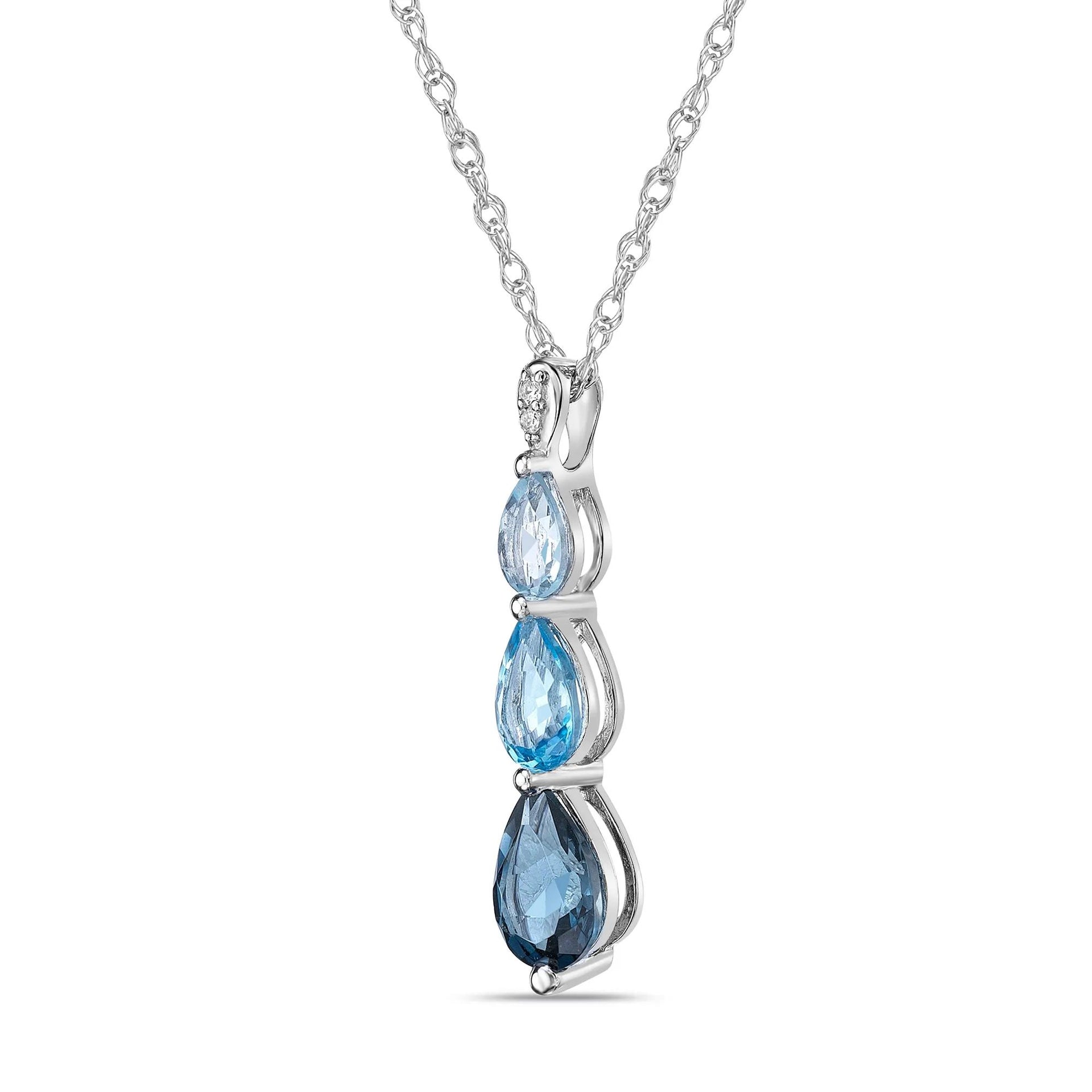 Three-Stone Blue Topaz and Diamond Accent Pendant Necklace .925 Sterling Silver White Size 18"