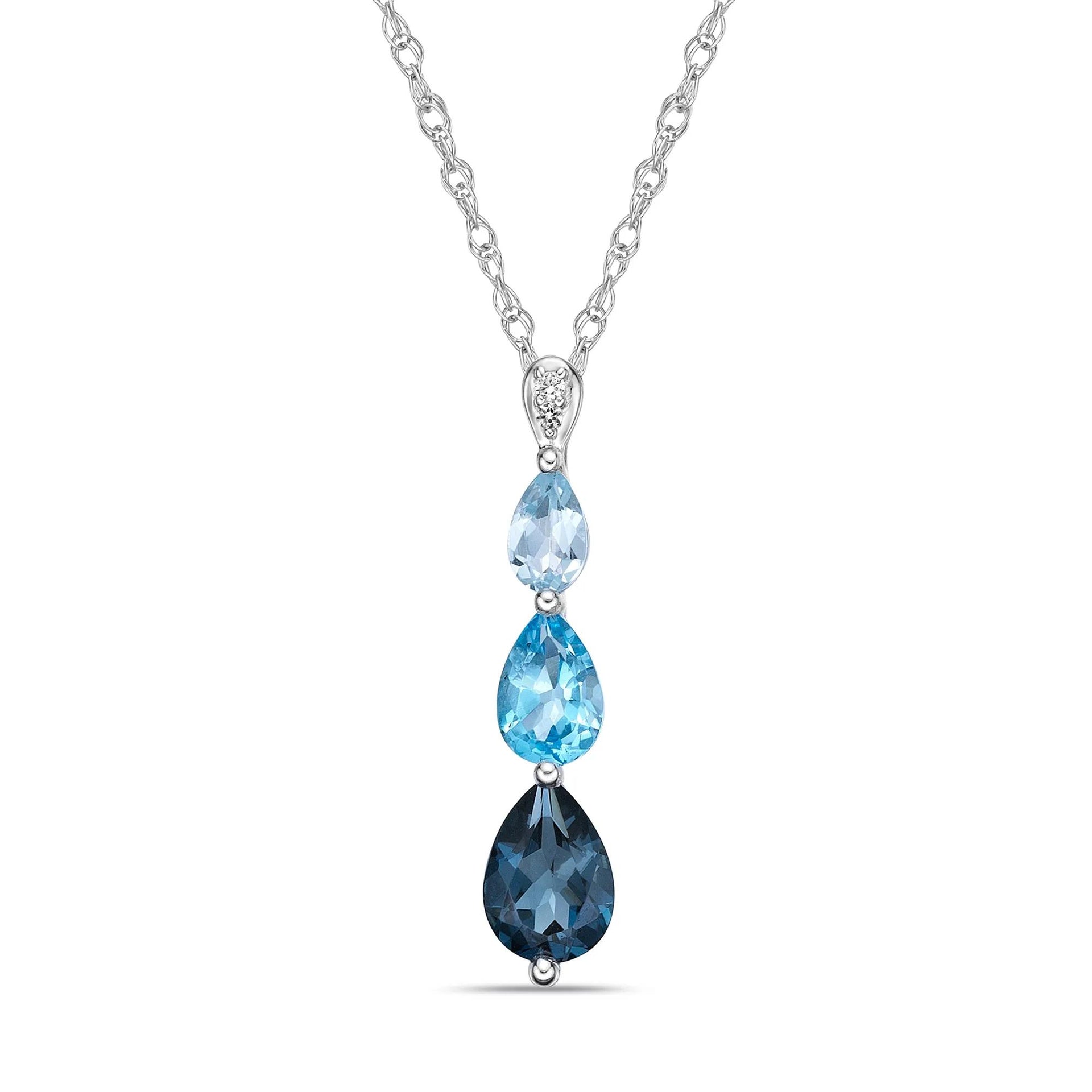 Three-Stone Blue Topaz and Diamond Accent Pendant Necklace .925 Sterling Silver White Size 18"