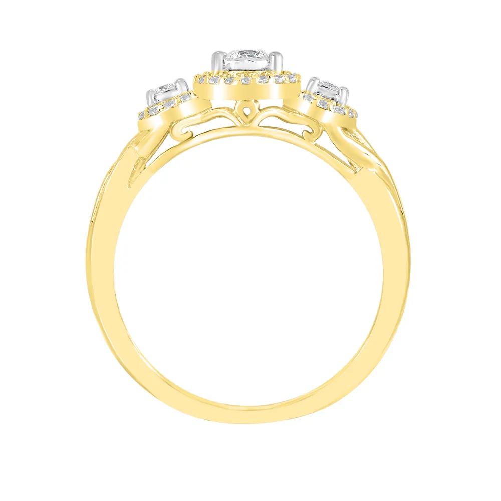 1/4 CT. Tw. Three-Stone Halo Engagement Ring with Illusion Settings 10K Yellow Gold Round Brilliant Cut Size 8