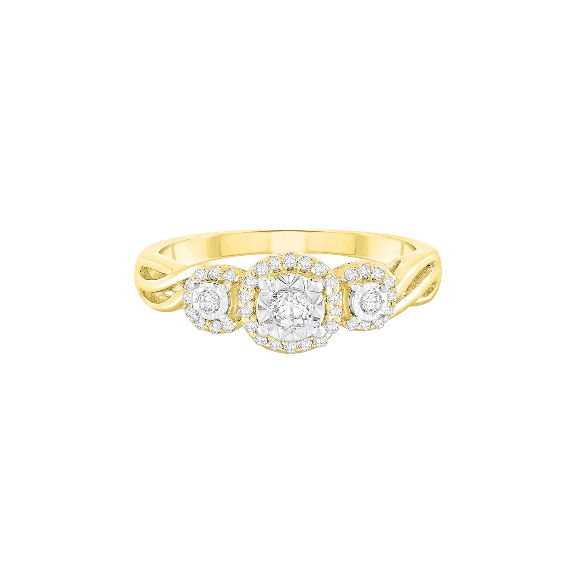 1/4 CT. Tw. Three-Stone Halo Engagement Ring with Illusion Settings 10K Yellow Gold Round Brilliant Cut Size 8