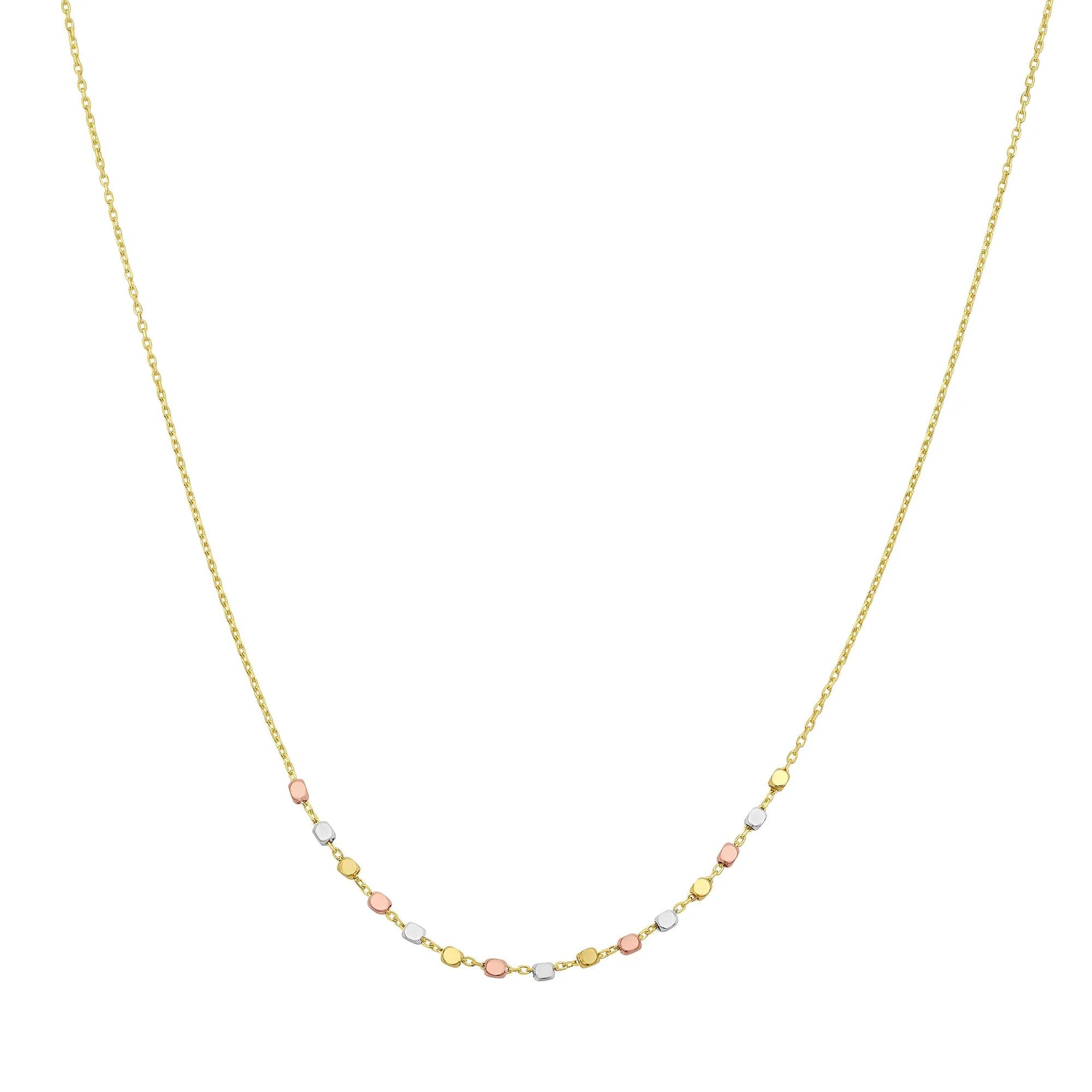 Tri-Color Stationary Textured Bead Necklace 14K Yellow White and Rose Gold Size 17.75"