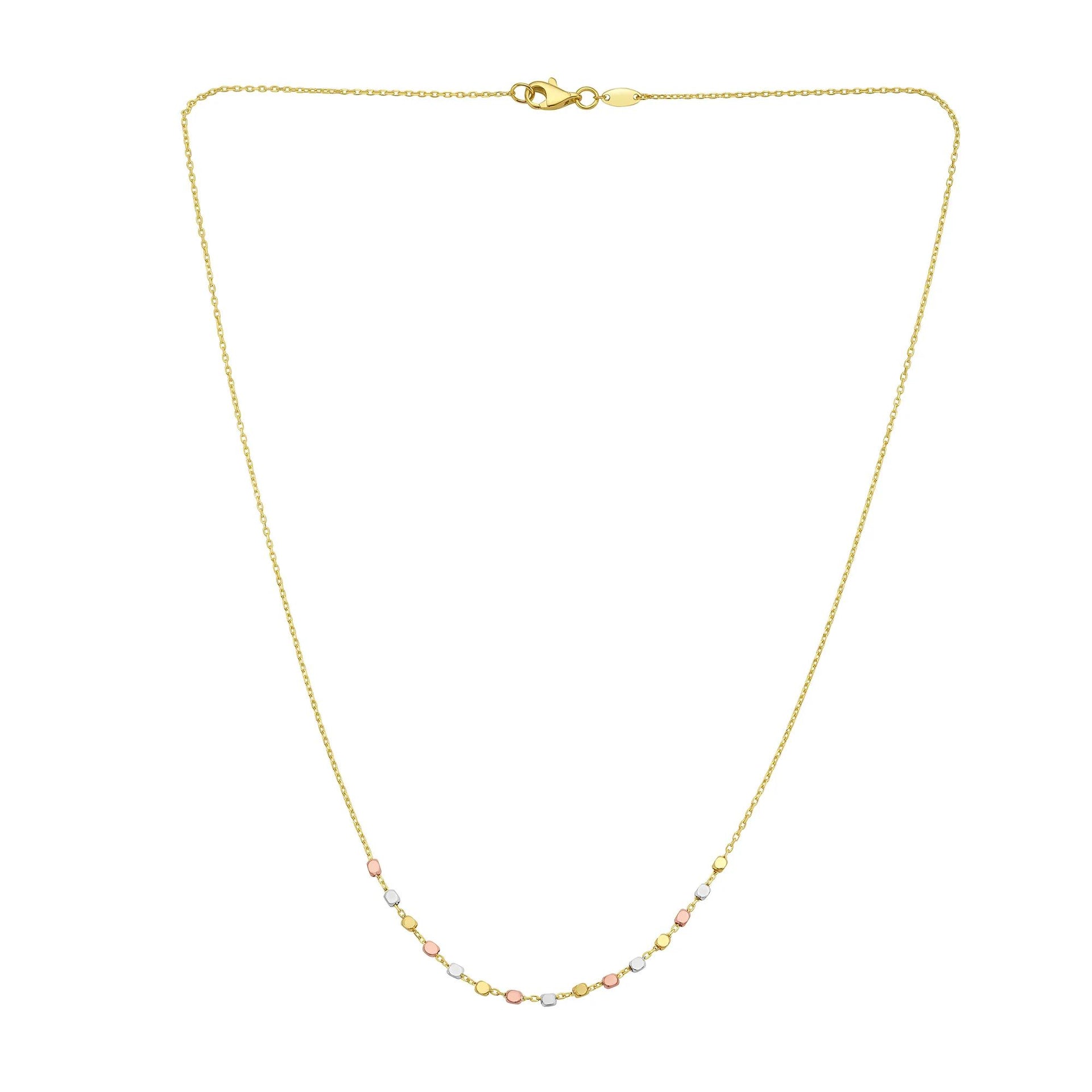Tri-Color Stationary Textured Bead Necklace 14K Yellow White and Rose Gold Size 17.75"