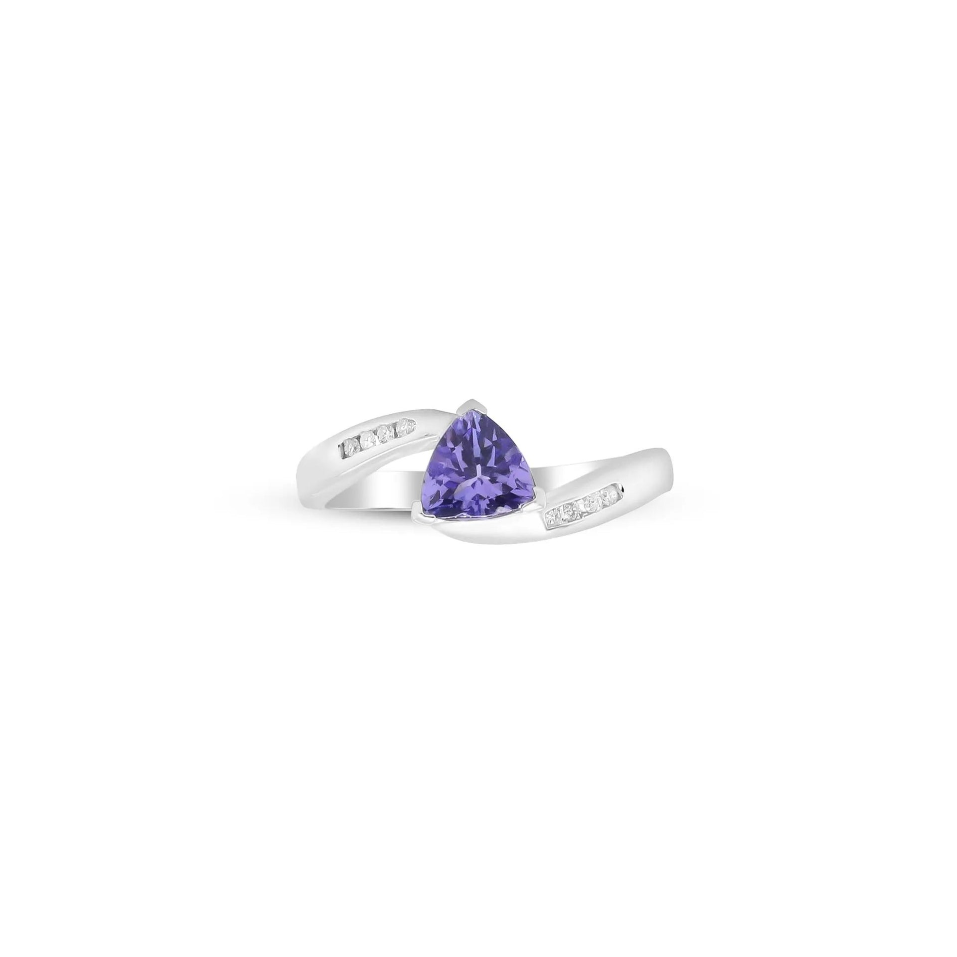 Trillion-Shaped Tanzanite Ring with Diamond Accents .925 Sterling Silver Round Brilliant Cut White Size 8 2mm