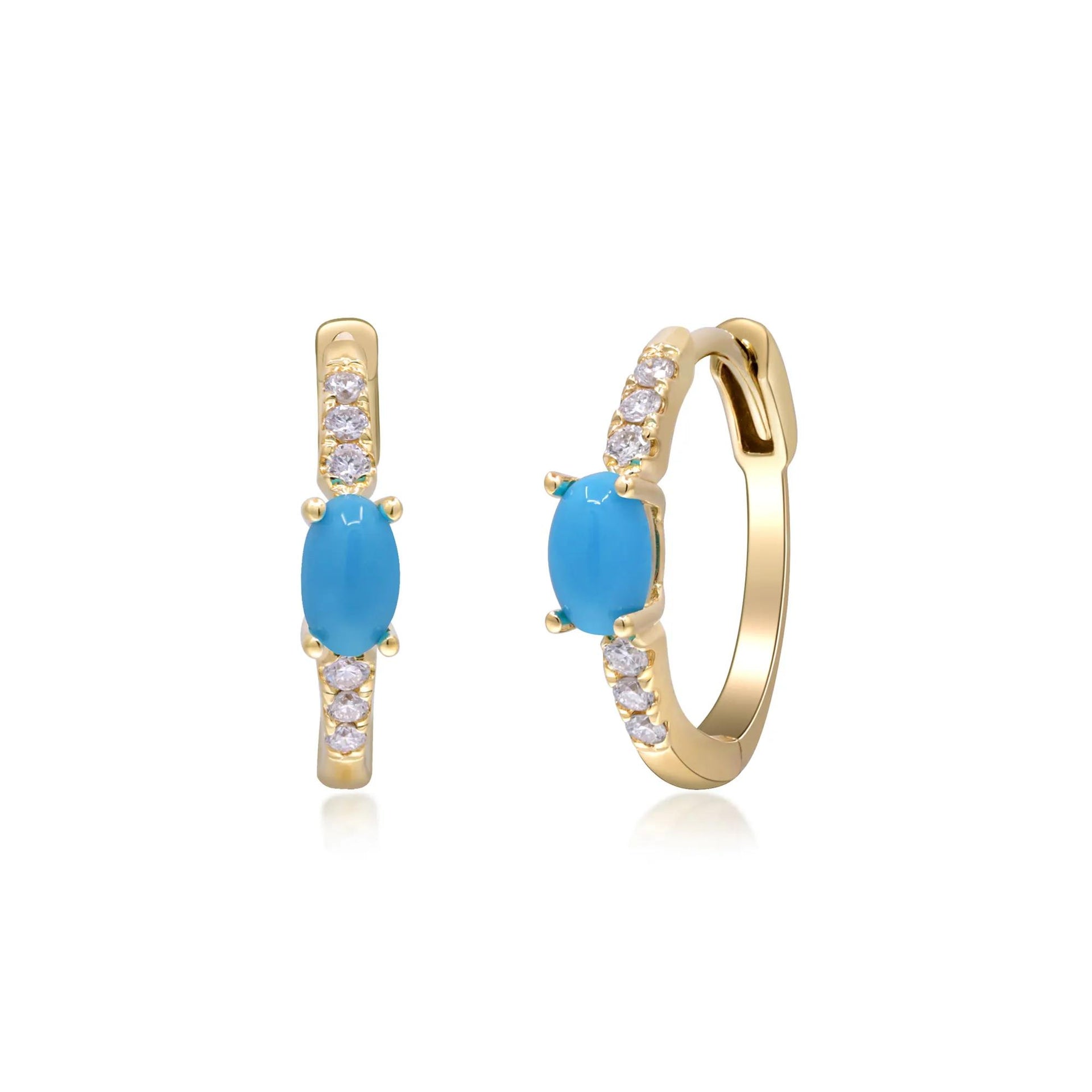 1/8 CT. Tw. Turquoise and Diamond Huggie Hoop Earrings 10K Yellow Gold Size 3.00mm