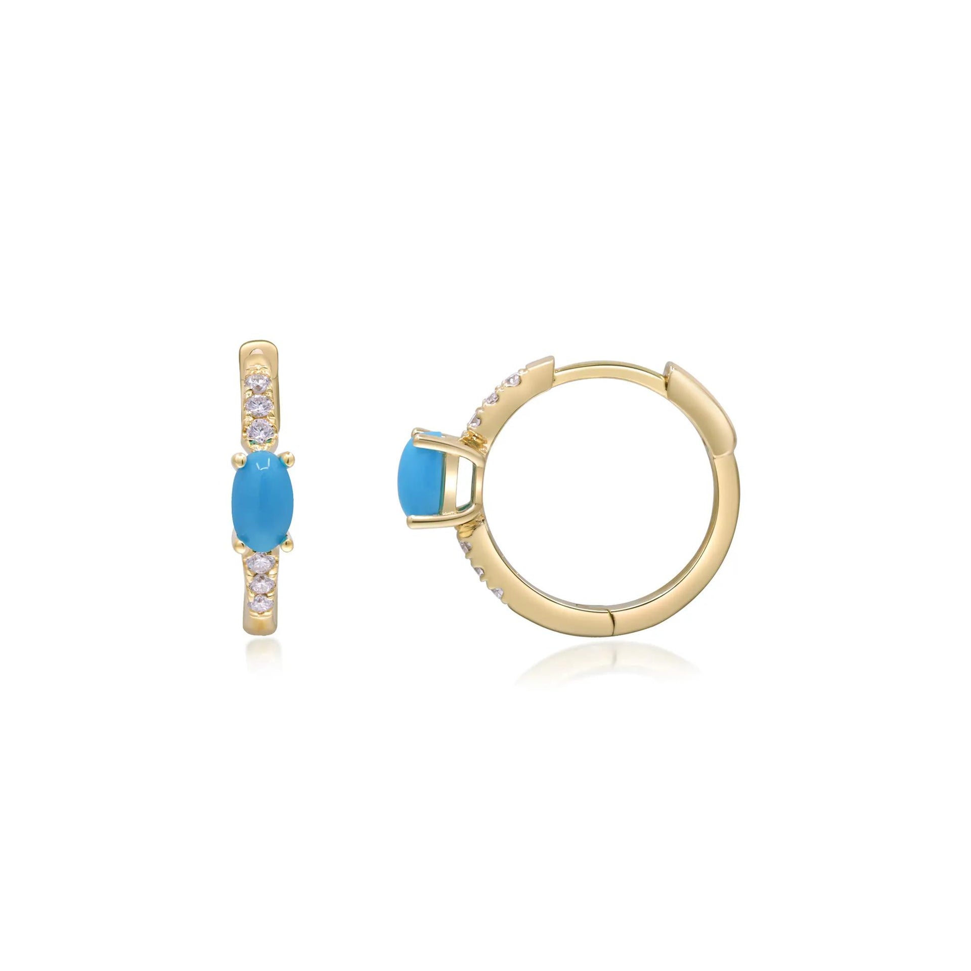 1/8 CT. Tw. Turquoise and Diamond Huggie Hoop Earrings 10K Yellow Gold Size 3.00mm