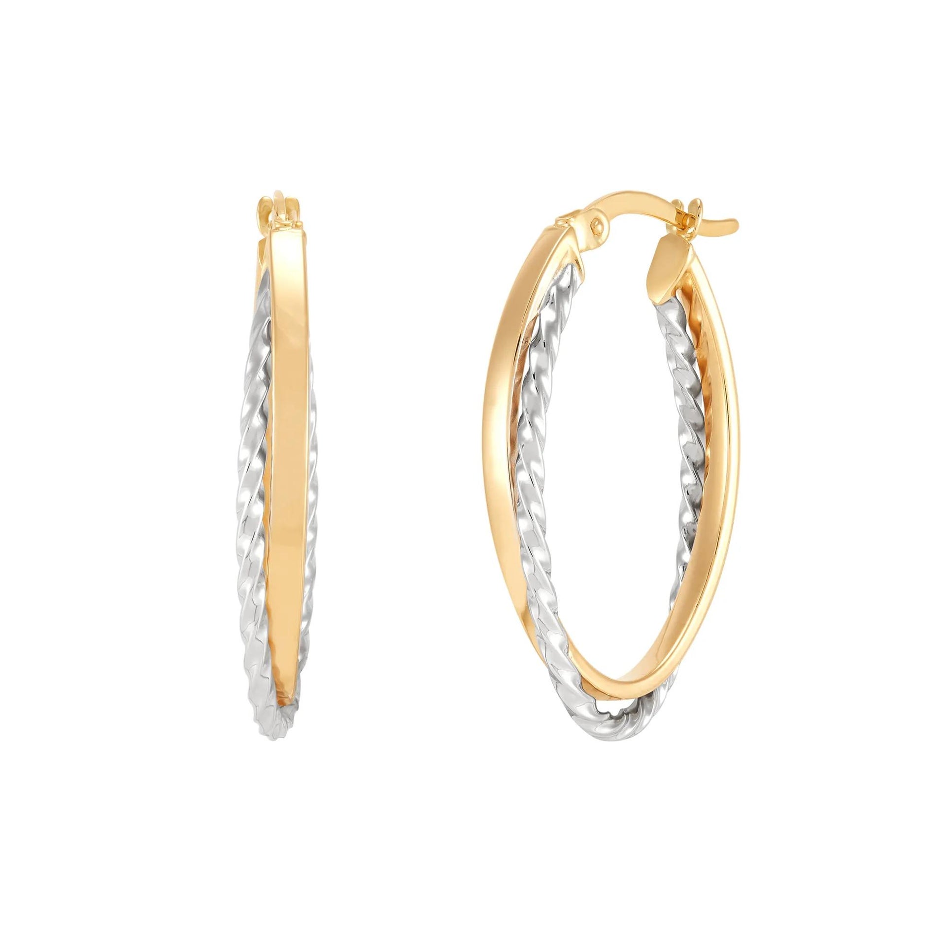 Twist Texture Interlocking Hoops 14K Yellow and White Gold Earring Size 18.00mm