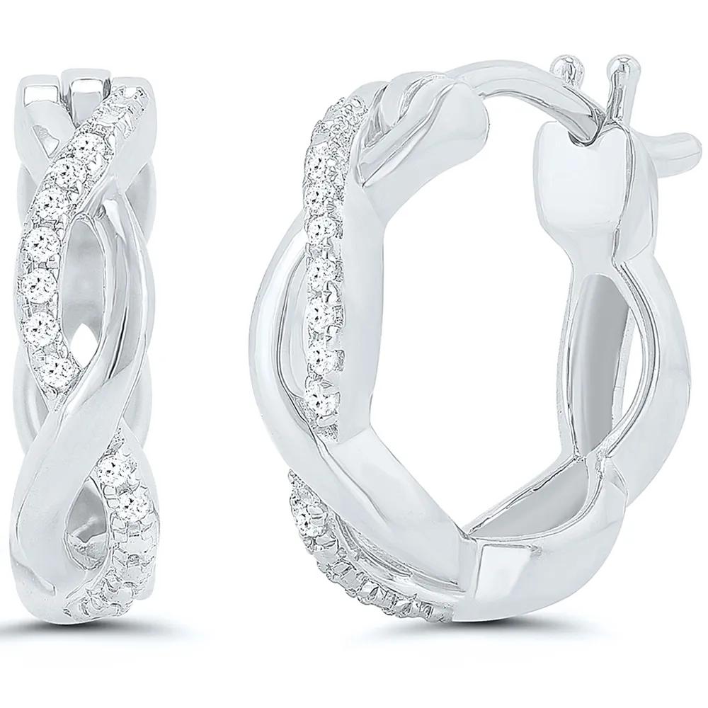 Twisted Hoop Earrings with Diamond Accents .925 Sterling Silver White Size 14.00mm