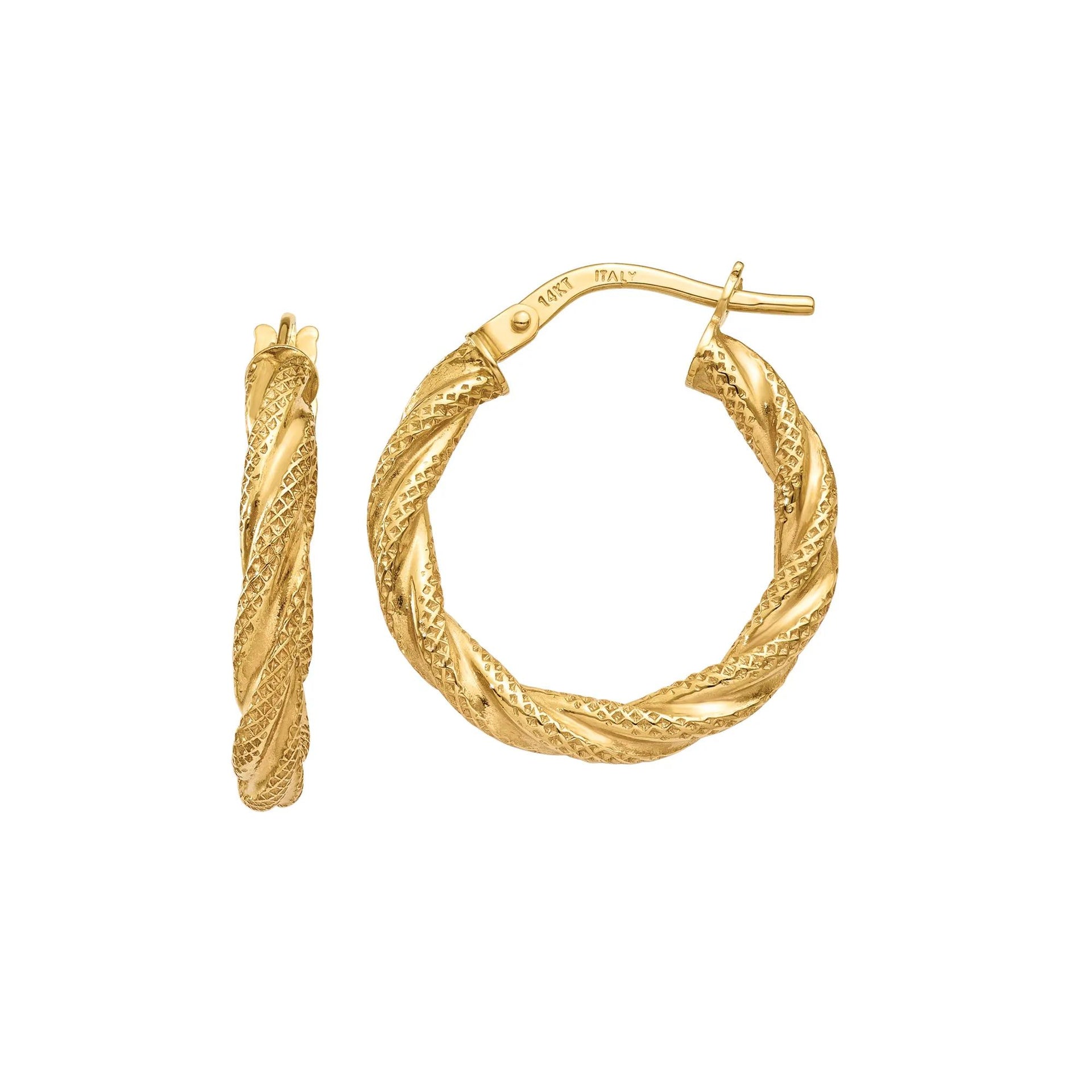 Twisted Textured Hoop Earrings 14K Yellow Gold Size 21.00mm
