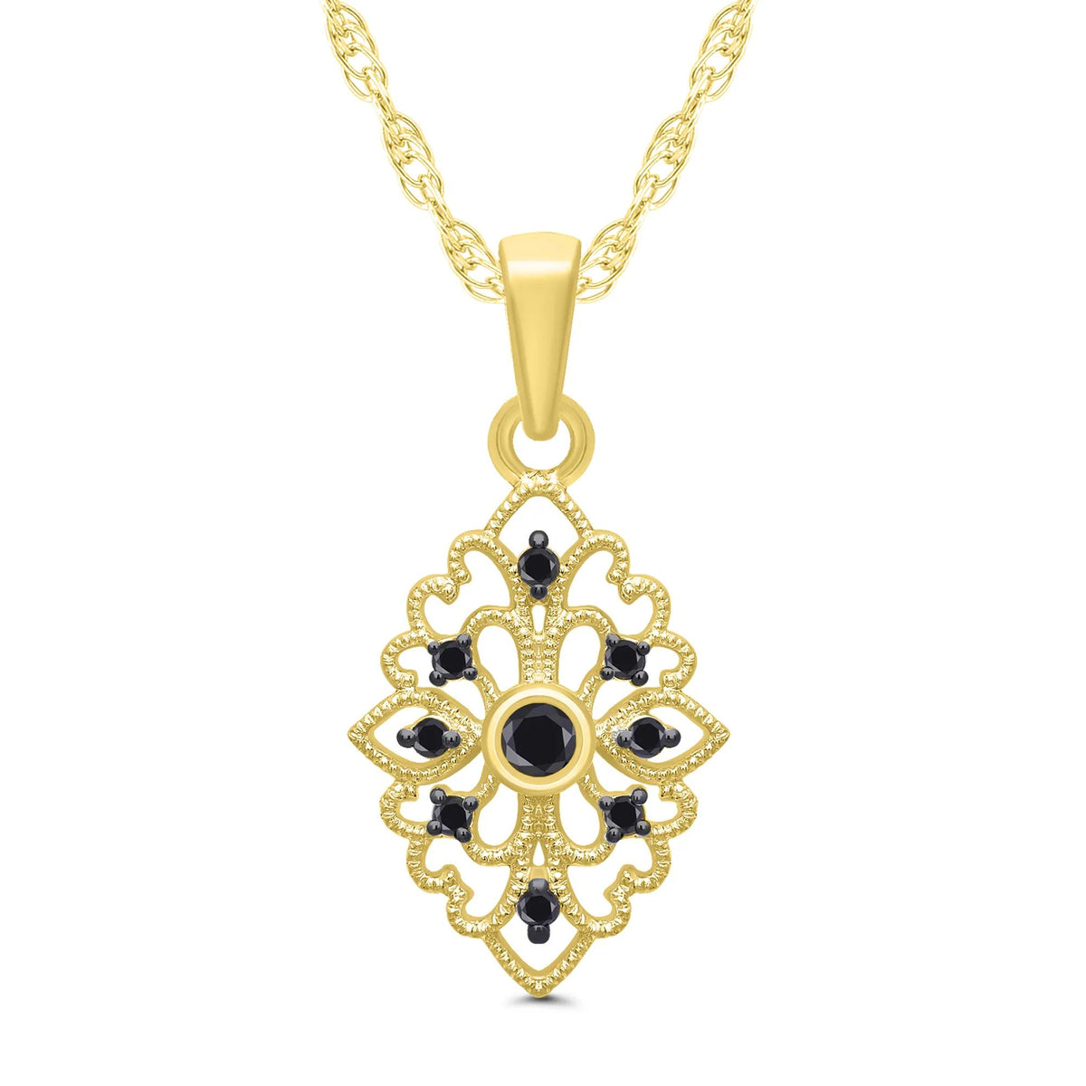 1/8 CT. Tw. Vintage-Style Milgrain Black Diamond Pendant Necklace 10K Yellow Gold Size 18"