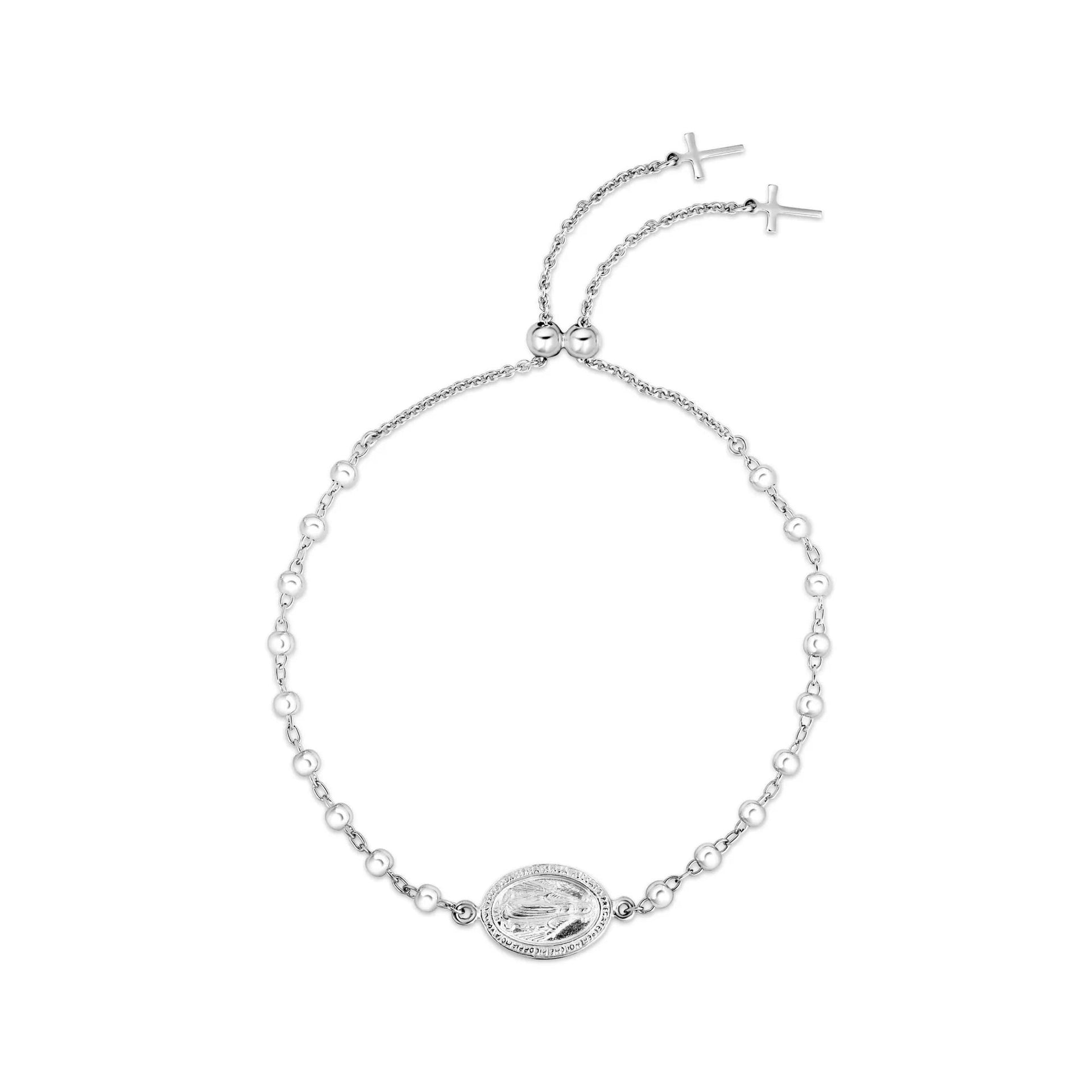 Virgin Mary Bead Chain Bolo Bracelet .925 Sterling Silver White Size 10.00mm