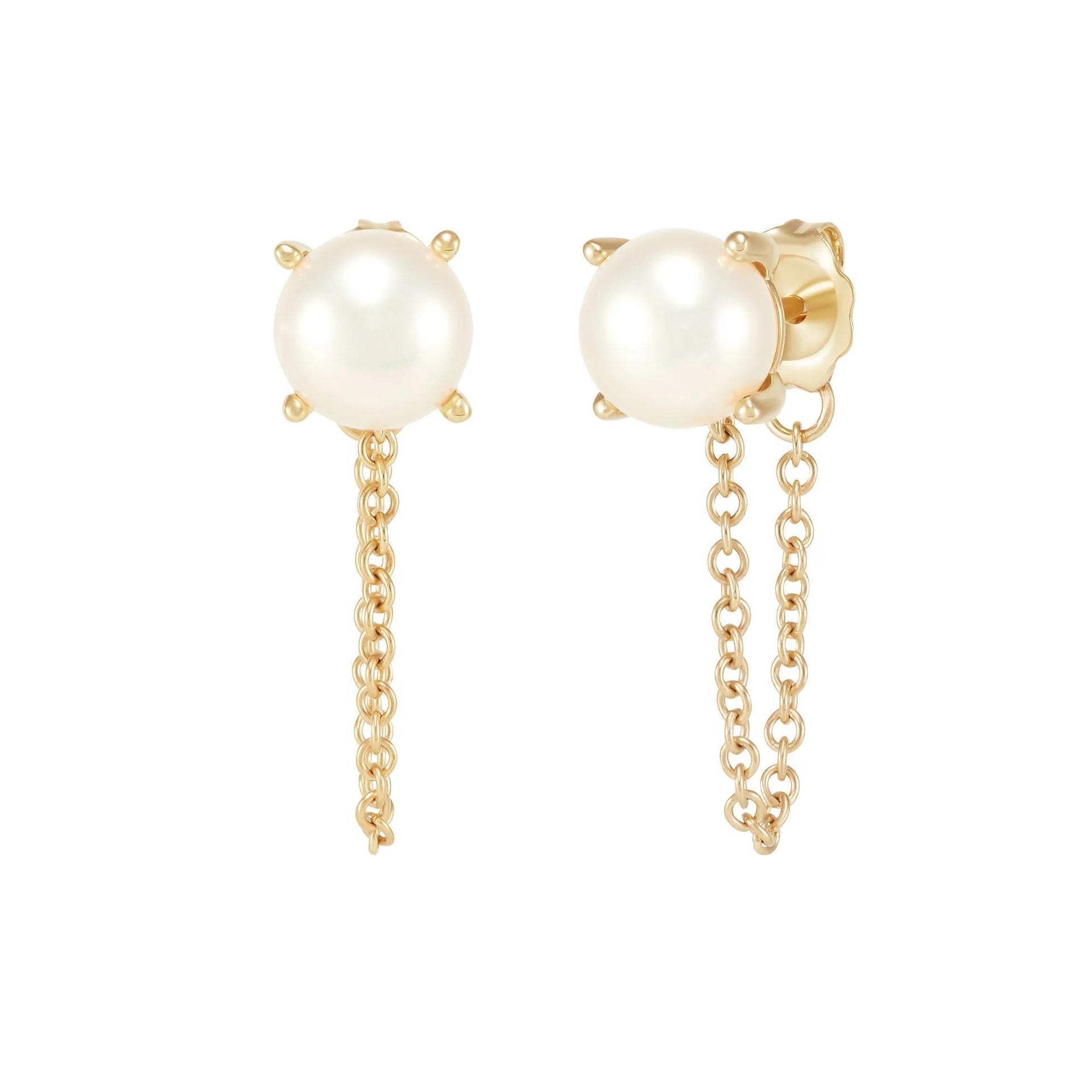 White Freshwater Pearl Stud Earrings with Chain 10K Yellow Gold Size 7.50mm