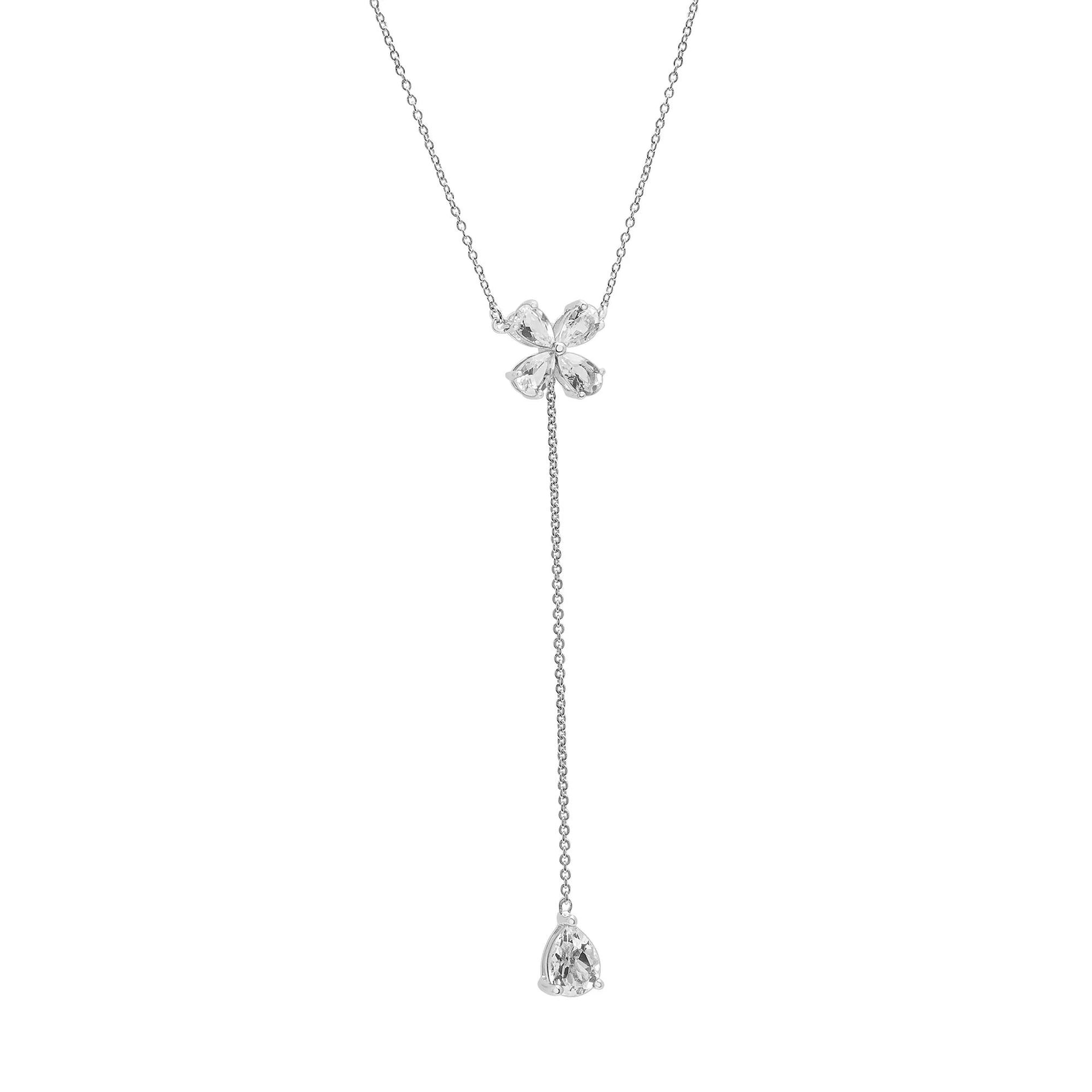 White Topaz Lariat Clover Necklace .925 Sterling Silver Size 16.5"