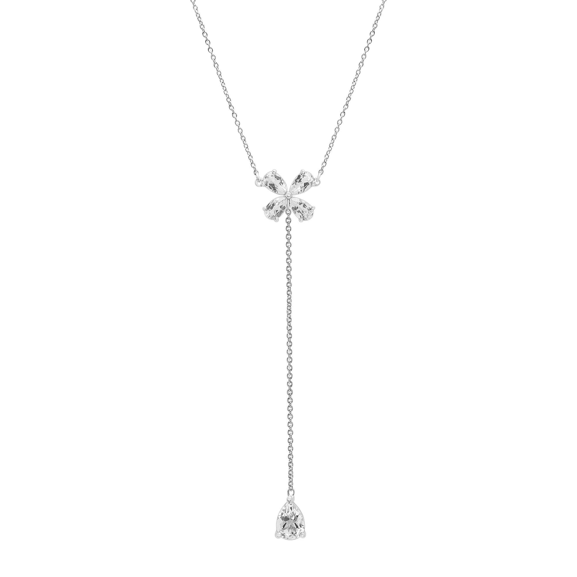 White Topaz Lariat Clover Necklace .925 Sterling Silver Size 16.5"