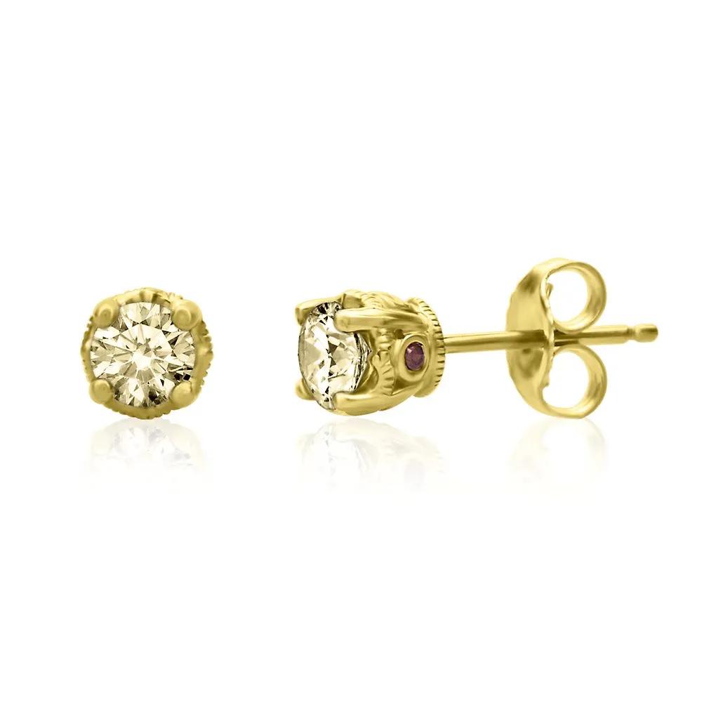 1/2 CT. Tw. Yellow Diamond & Garnet Stud Earrings 10K Yellow Gold Size 5.00mm