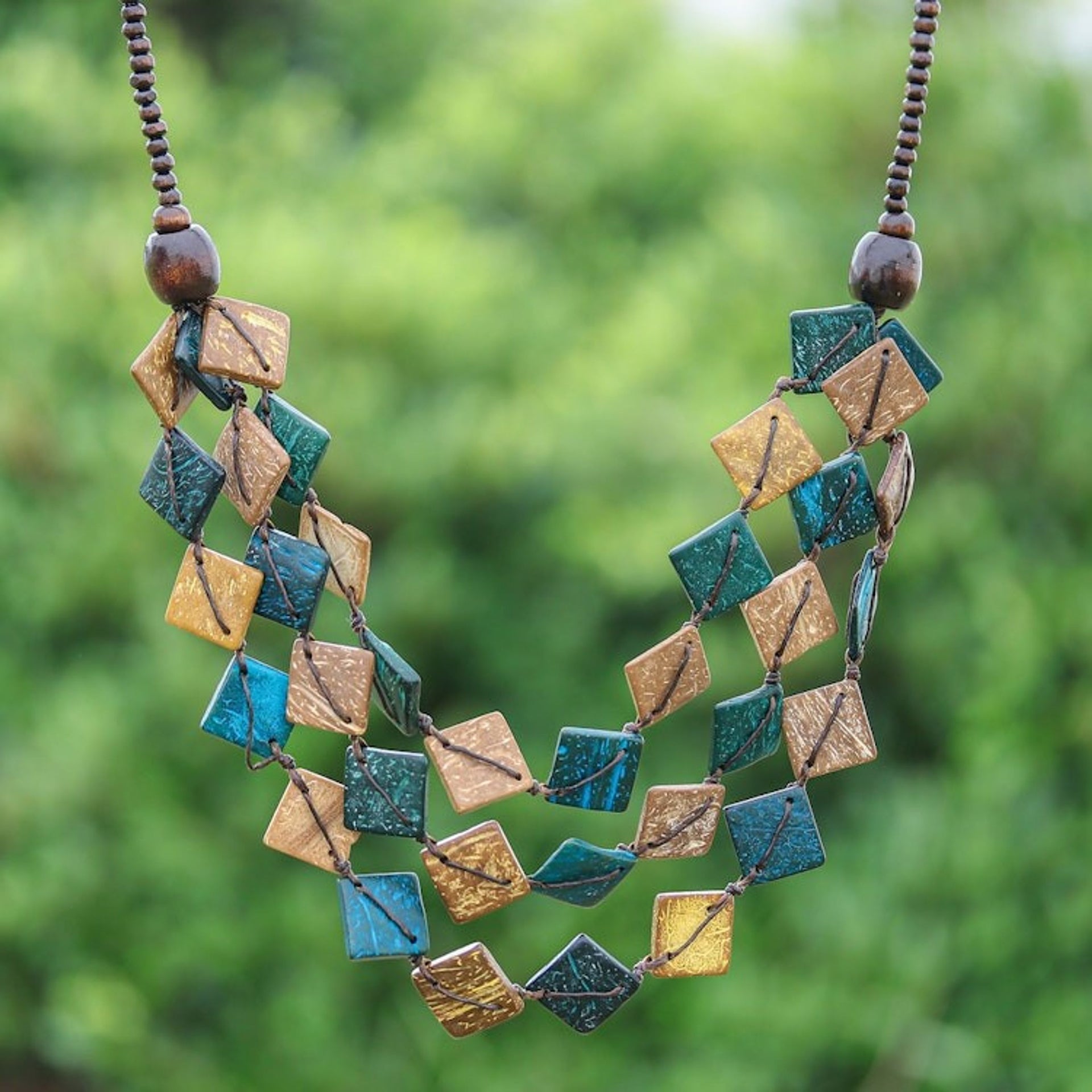 Teal and Golden Coconut Shell Beaded Strand Necklace 'Coastal Diamonds'