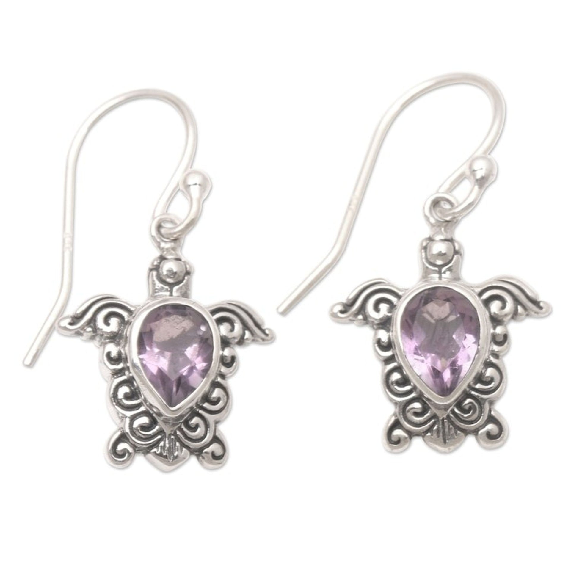 Handmade Amethyst Dangle Earrings with Turtle Motif 'Shell Game in Purple'