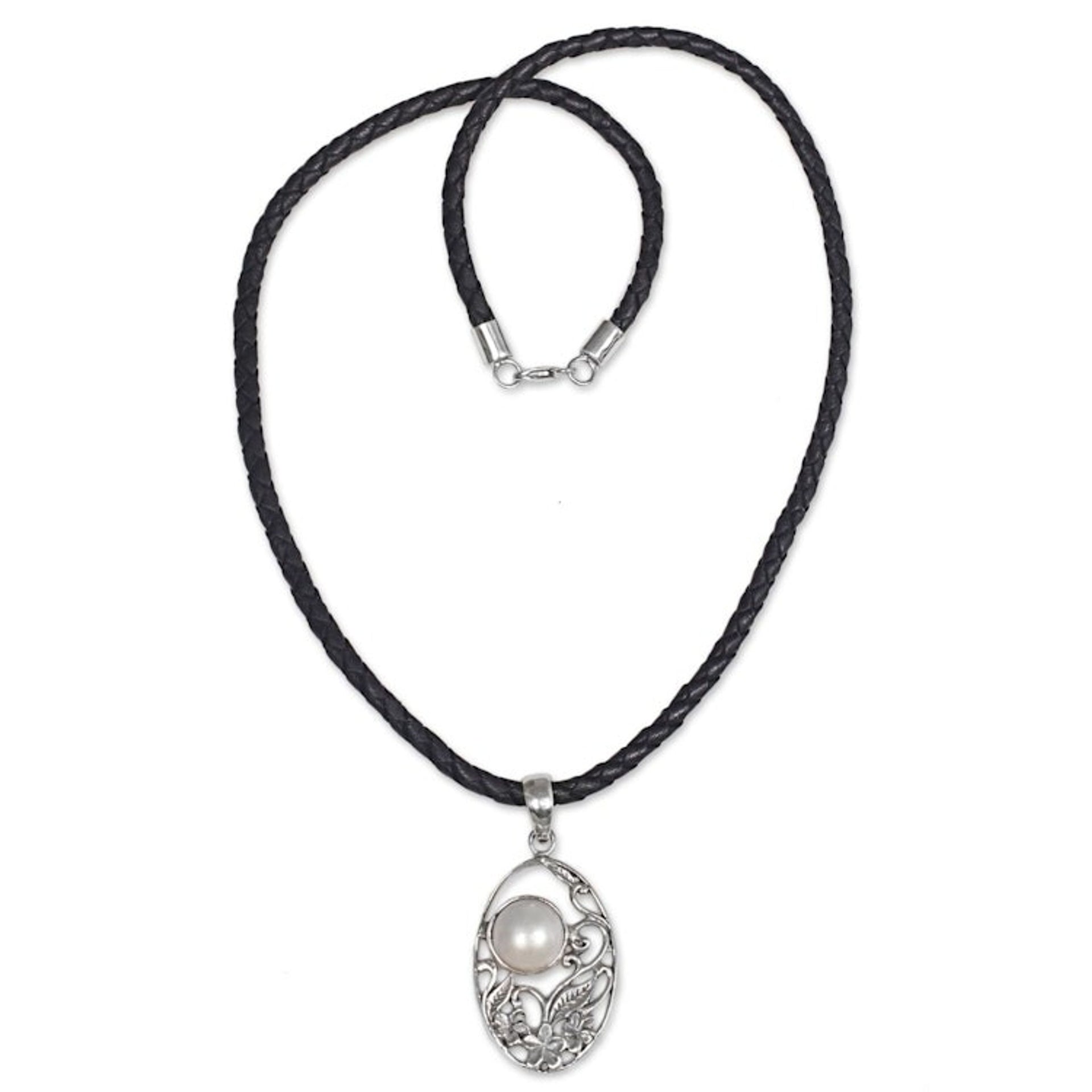 Sterling Silver Cultured Pearl Pendant Necklace with Leather 'Eye of the Moon'