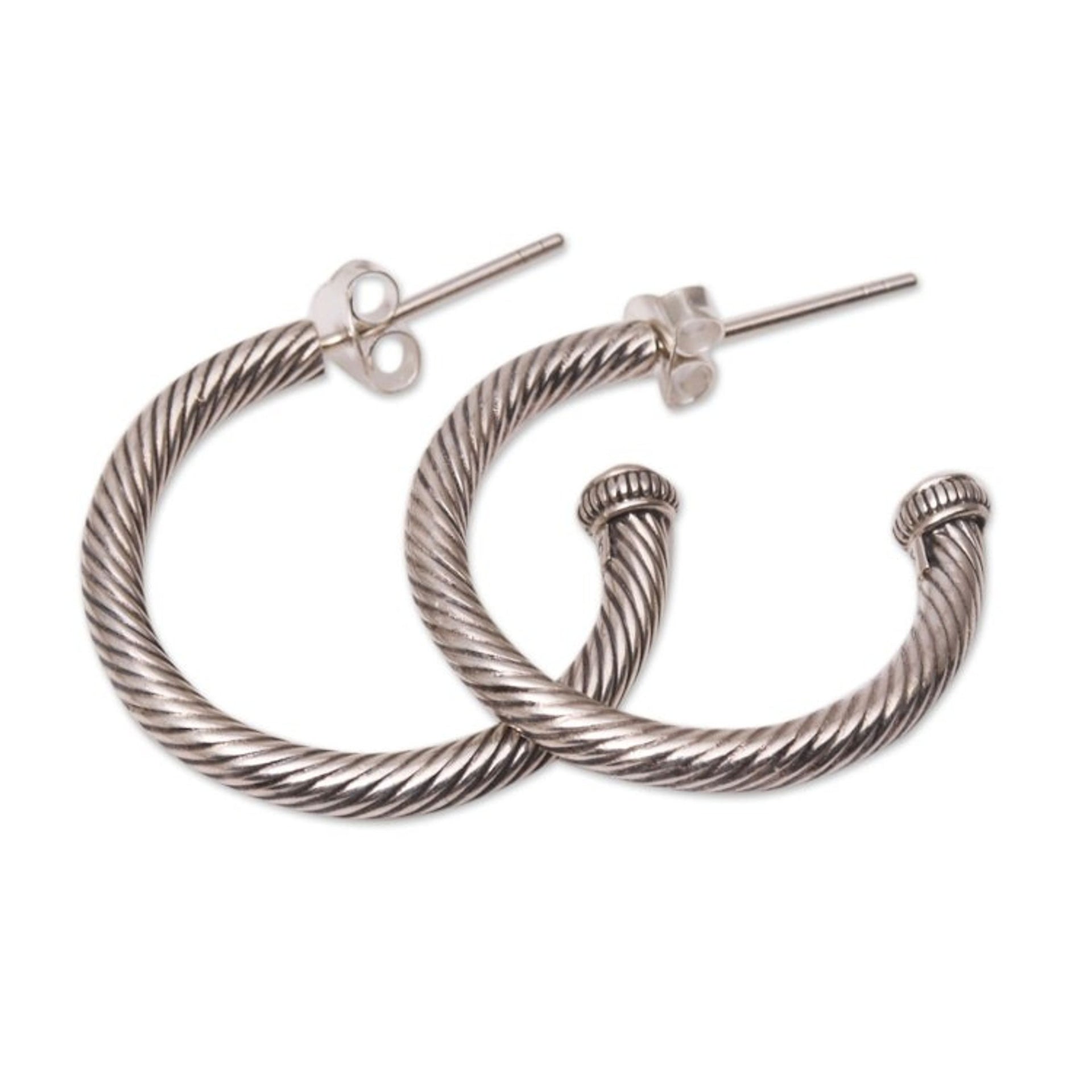 Gold-Accented Sterling Silver Half-Hoop Earrings from Bali 'Looping Rope'