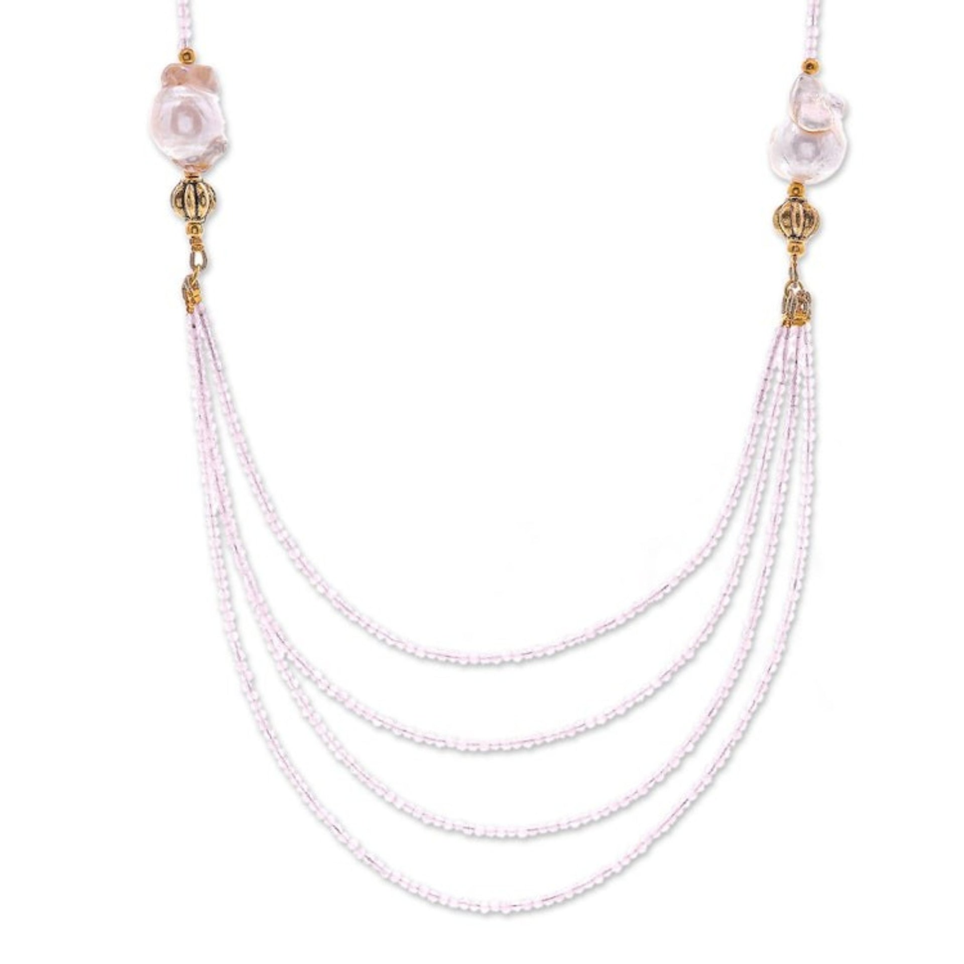 18k Gold-Accented Pearl and Rose Quartz Pendant Necklace 'Icy Shores in Pink'