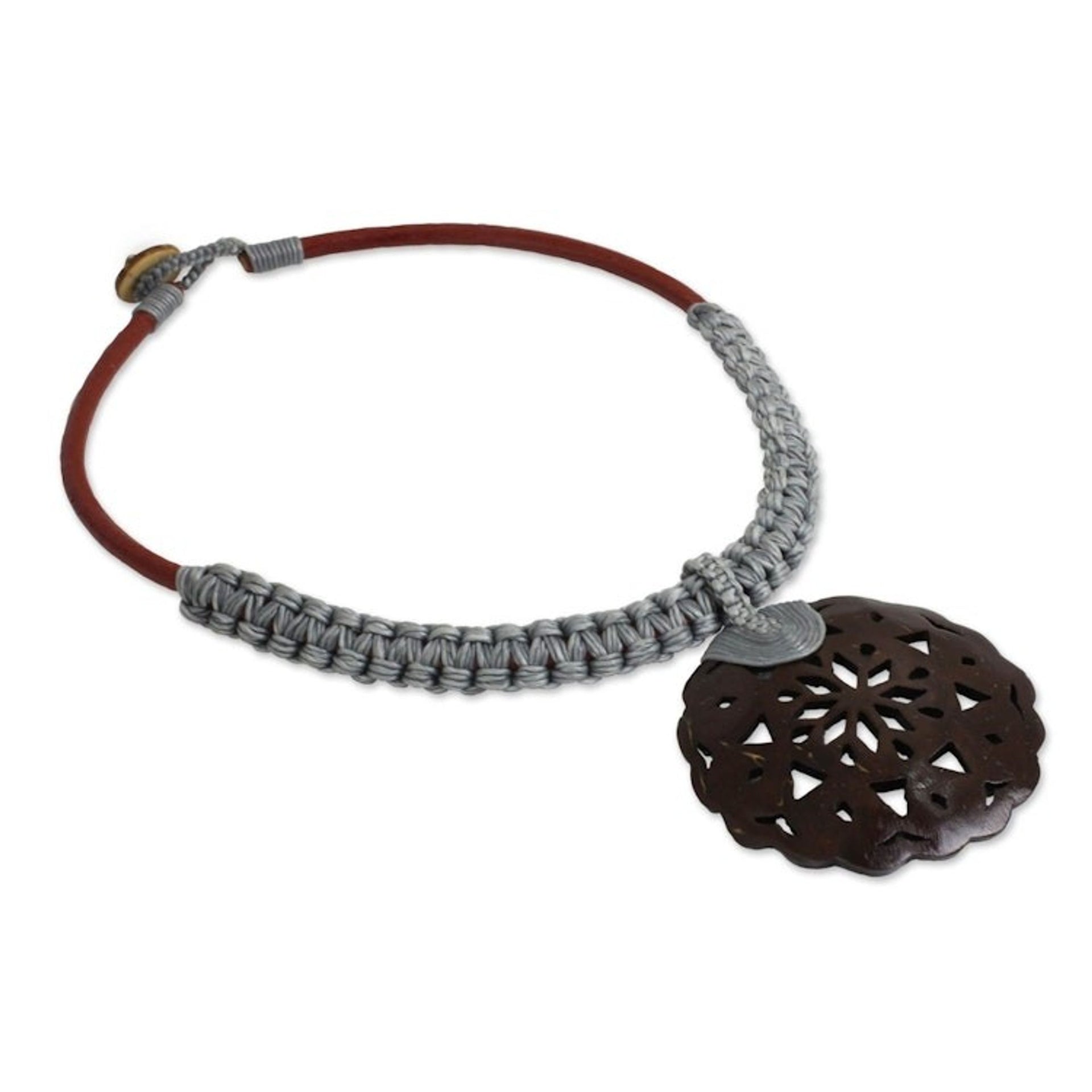 Coconut Shell Leather and Gray Macrame Pendant Necklace 'Charming Thailand in Gray'