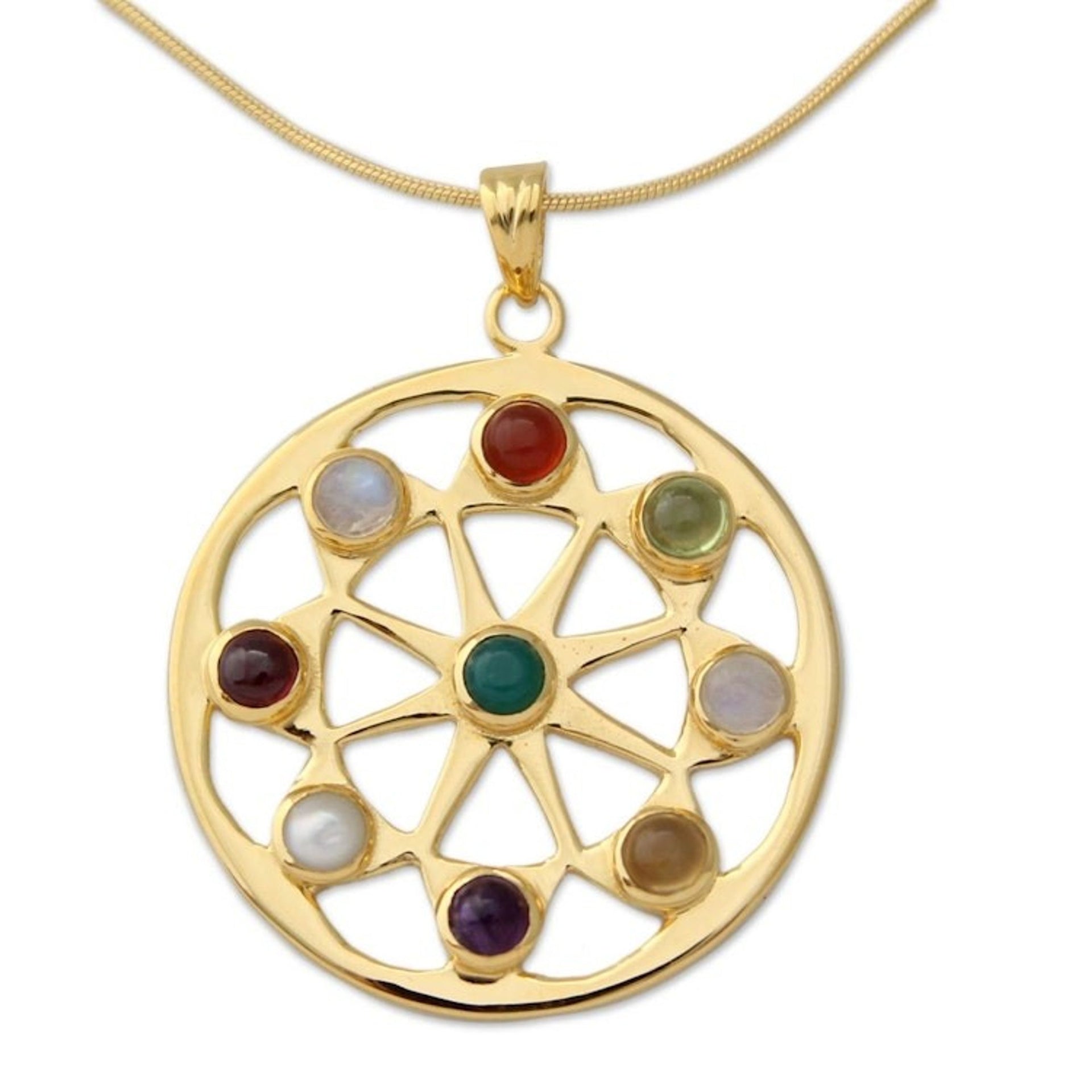 Pearl and Gemstones on Gold Vermeil Necklace 'Indian Sun'
