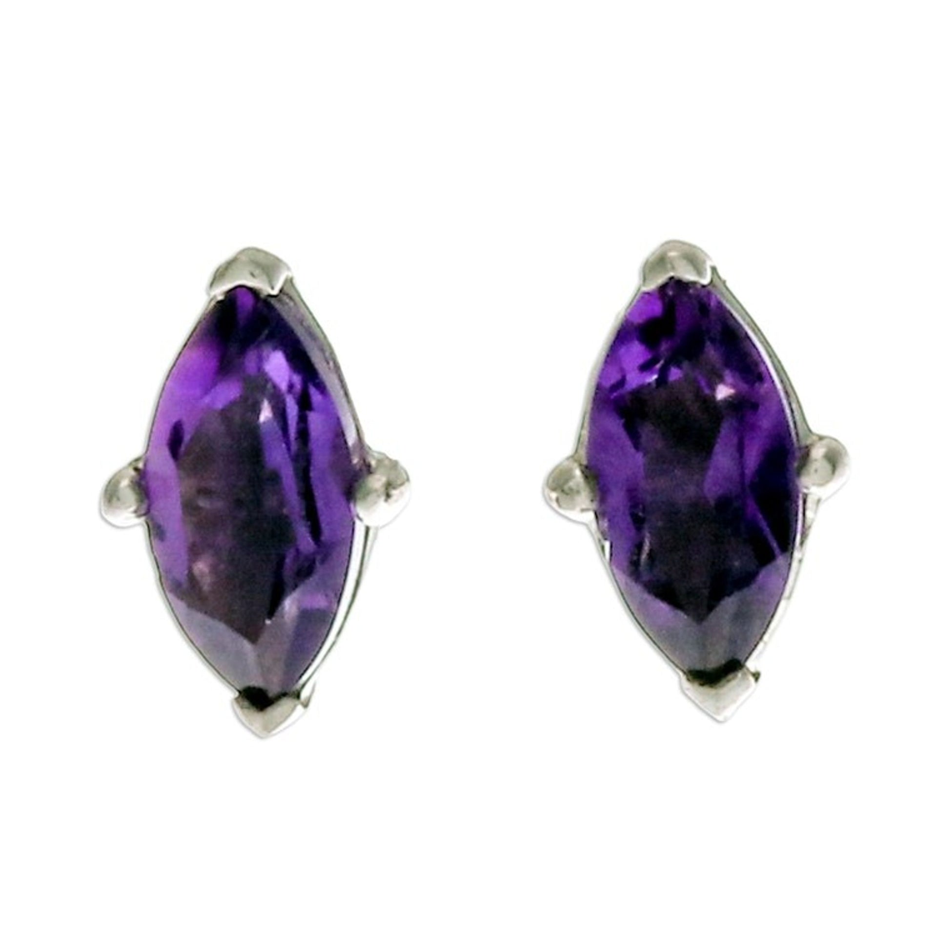 Polished Button Earrings with Marquise-Shaped Amethyst Gems 'The Wise Marchioness'