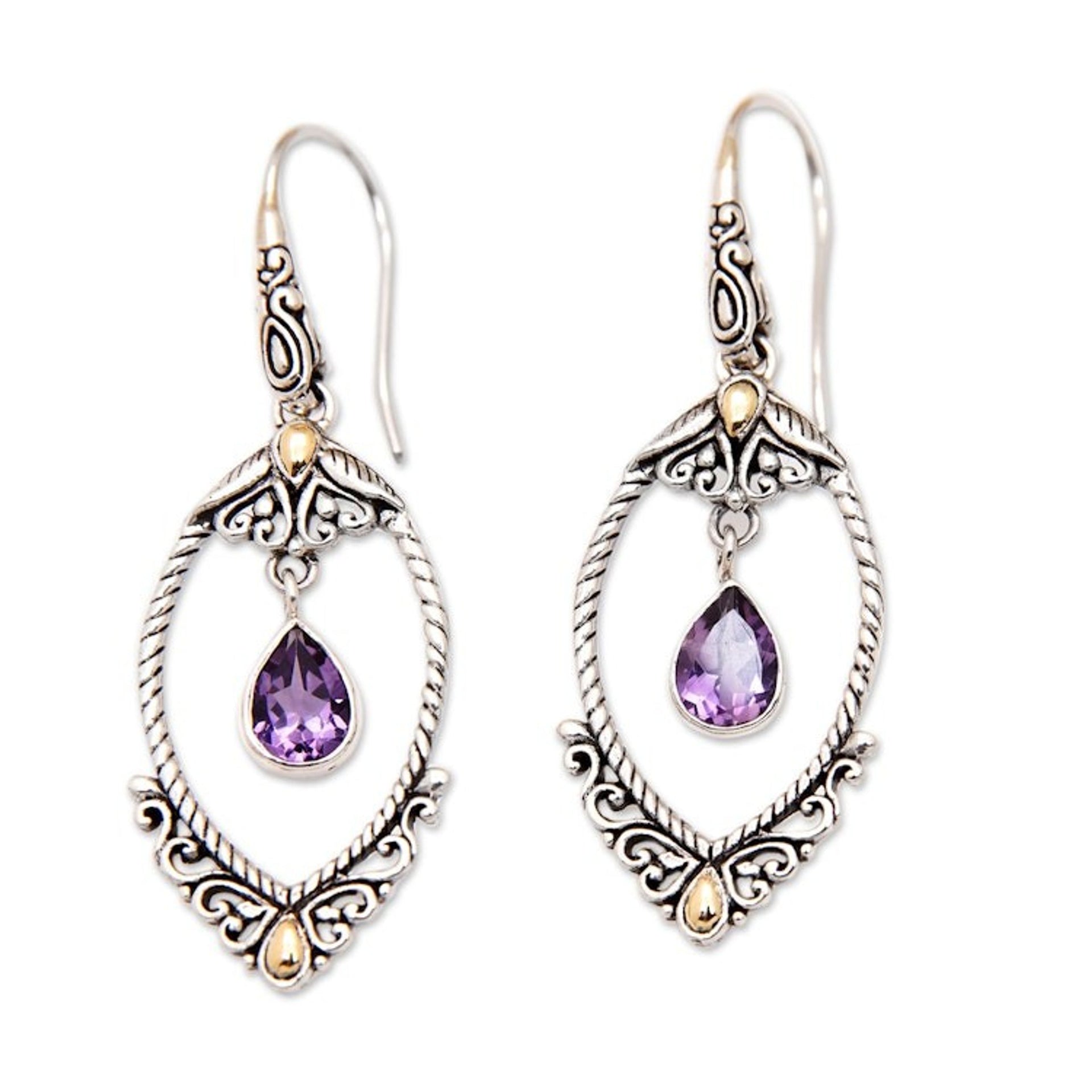 925 Silver Dangle Earrings with Amethysts and Gold Accents 'Mystic Purple'