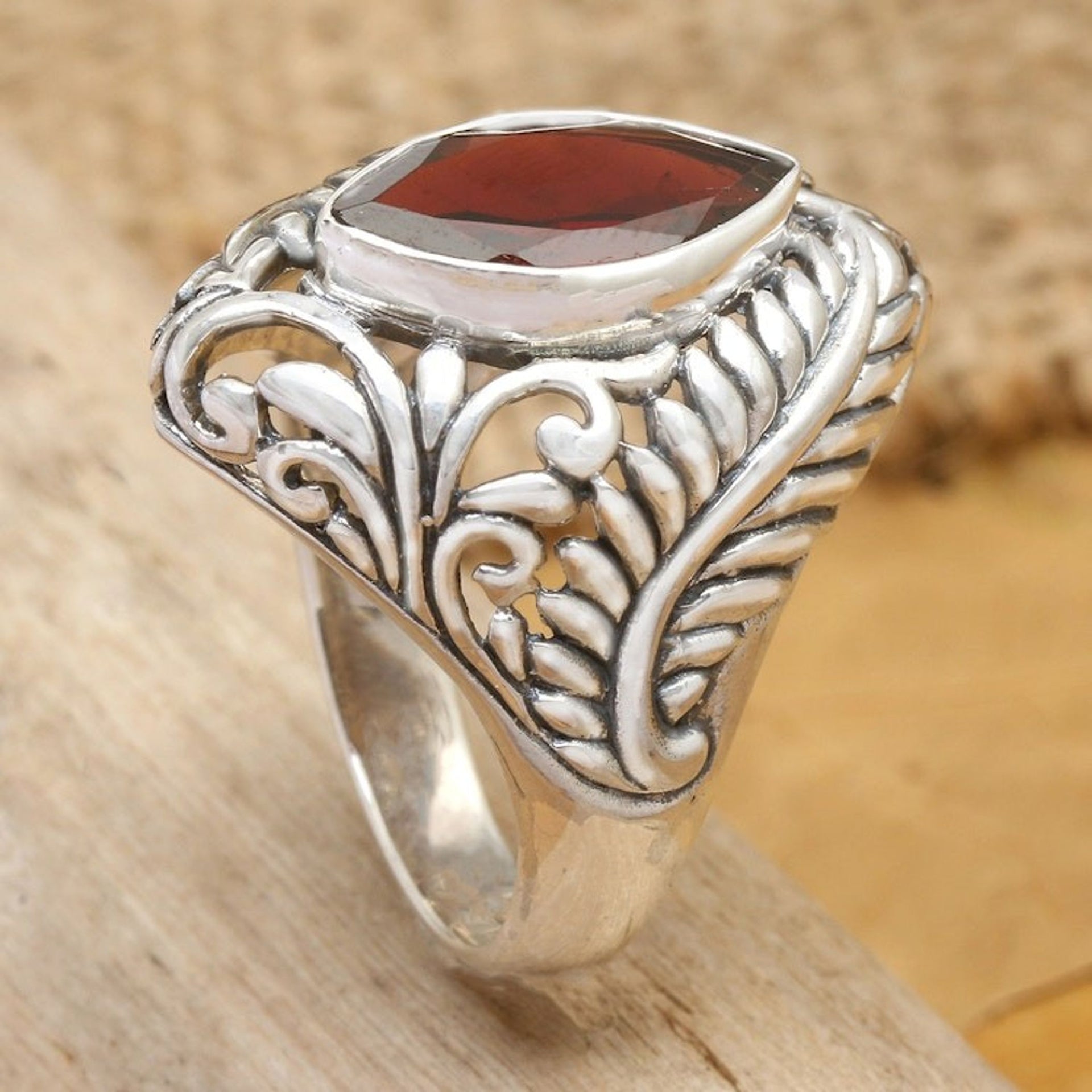 Hand Made Sterling Silver and Garnet Ring 'Joyous Jungle'