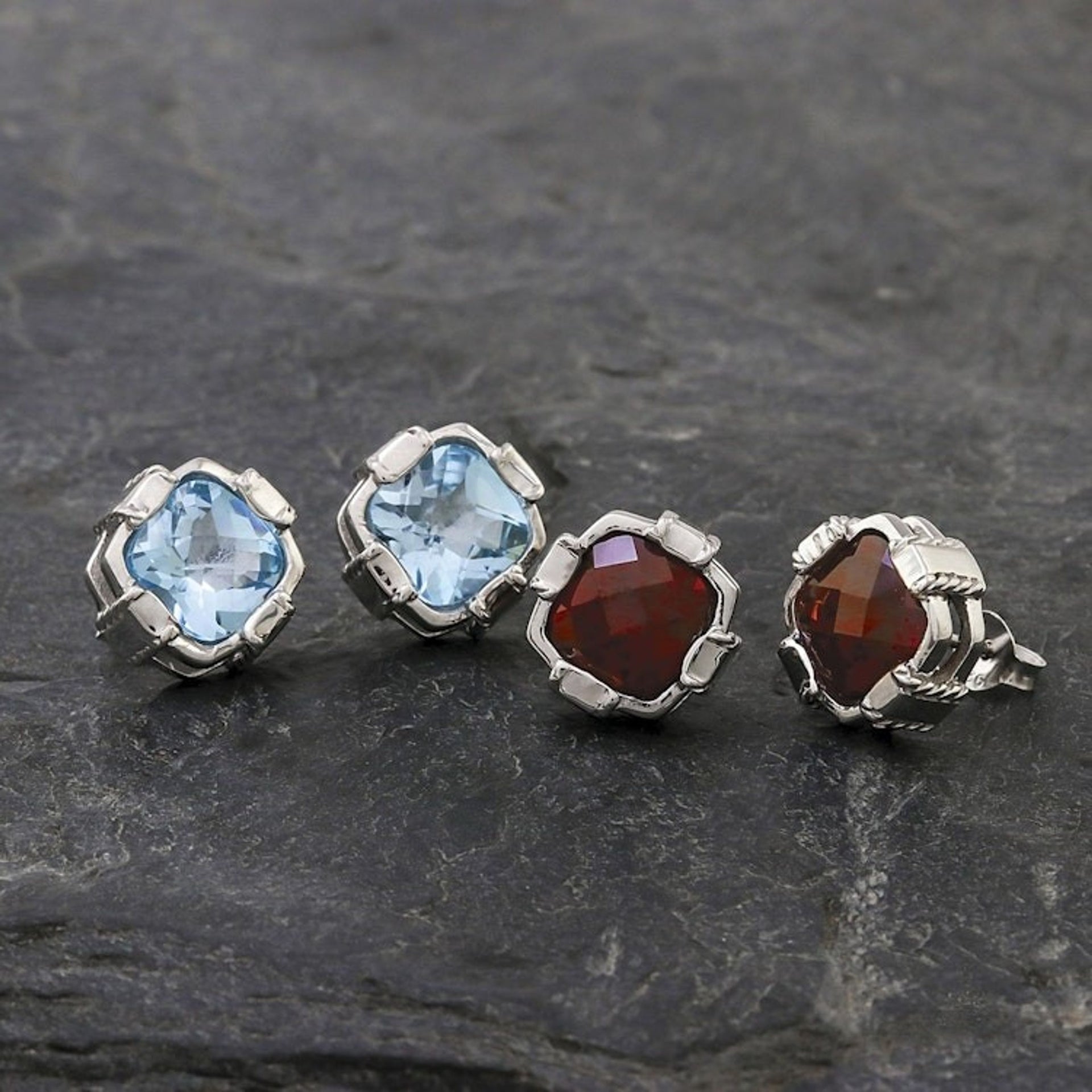 Rhodium Plated Garnet Button Earrings from Thailand 'Everyday Glitz'