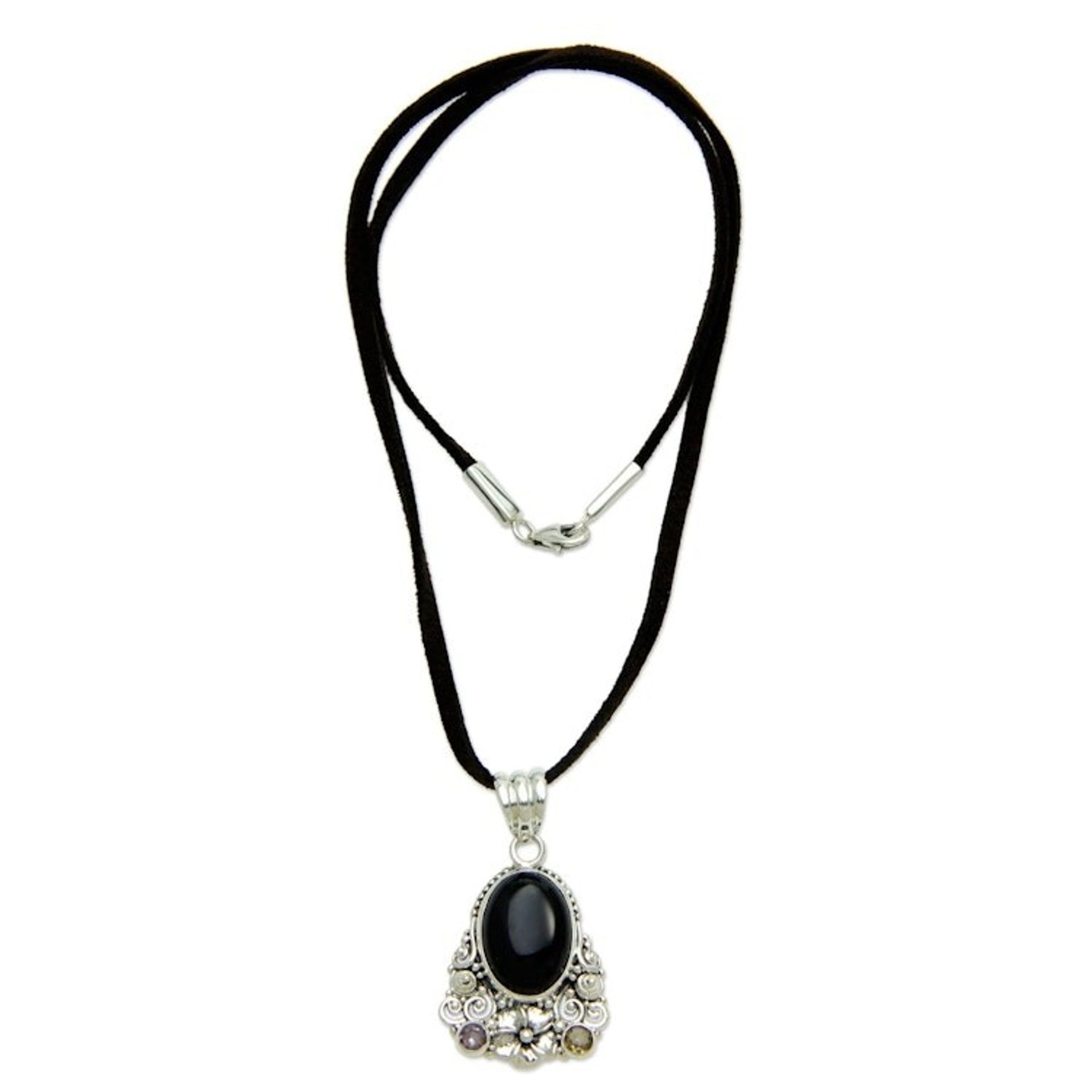 Onyx Amethyst Citrine and Sterling Silver Necklace Jewelry 'Empress Garden'